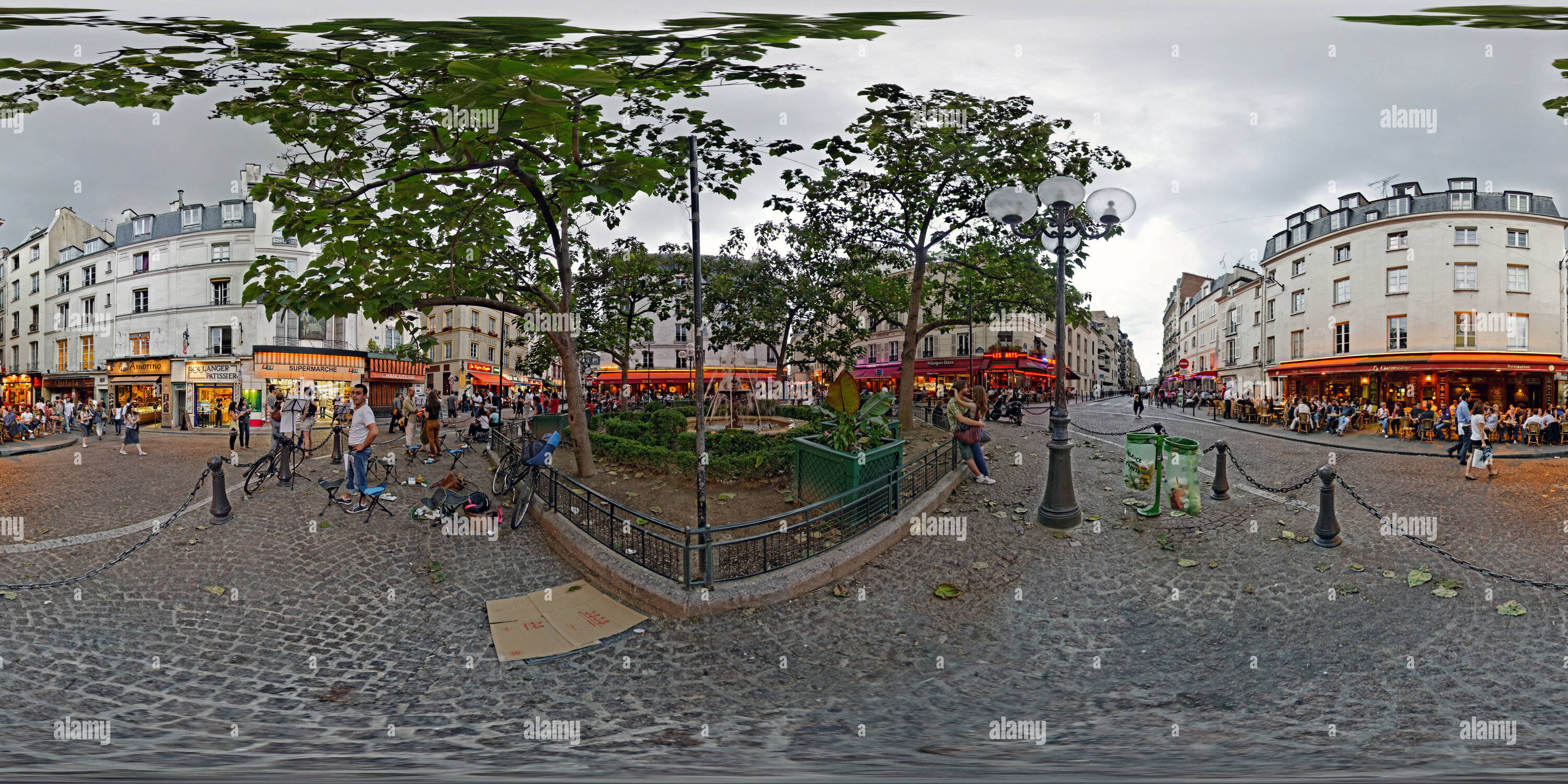 360 degree panoramic view of Place de la Contrescarpe, Paris, France