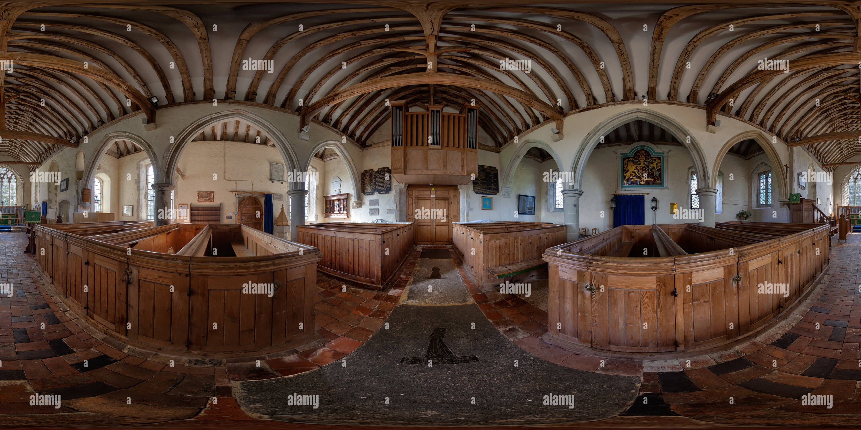 360 degree panoramic view of Church of St Mary the Virgin, St Mary in the Marsh, Kent, UK