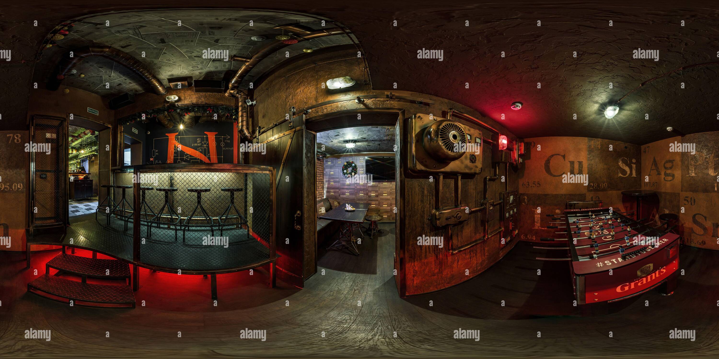 360 degree panoramic view of MINSK, BELARUS - MAY, 2018: full seamless hdri panorama 360 degrees angle view in interior of elite sports bar in steampunk style in equirectangular p