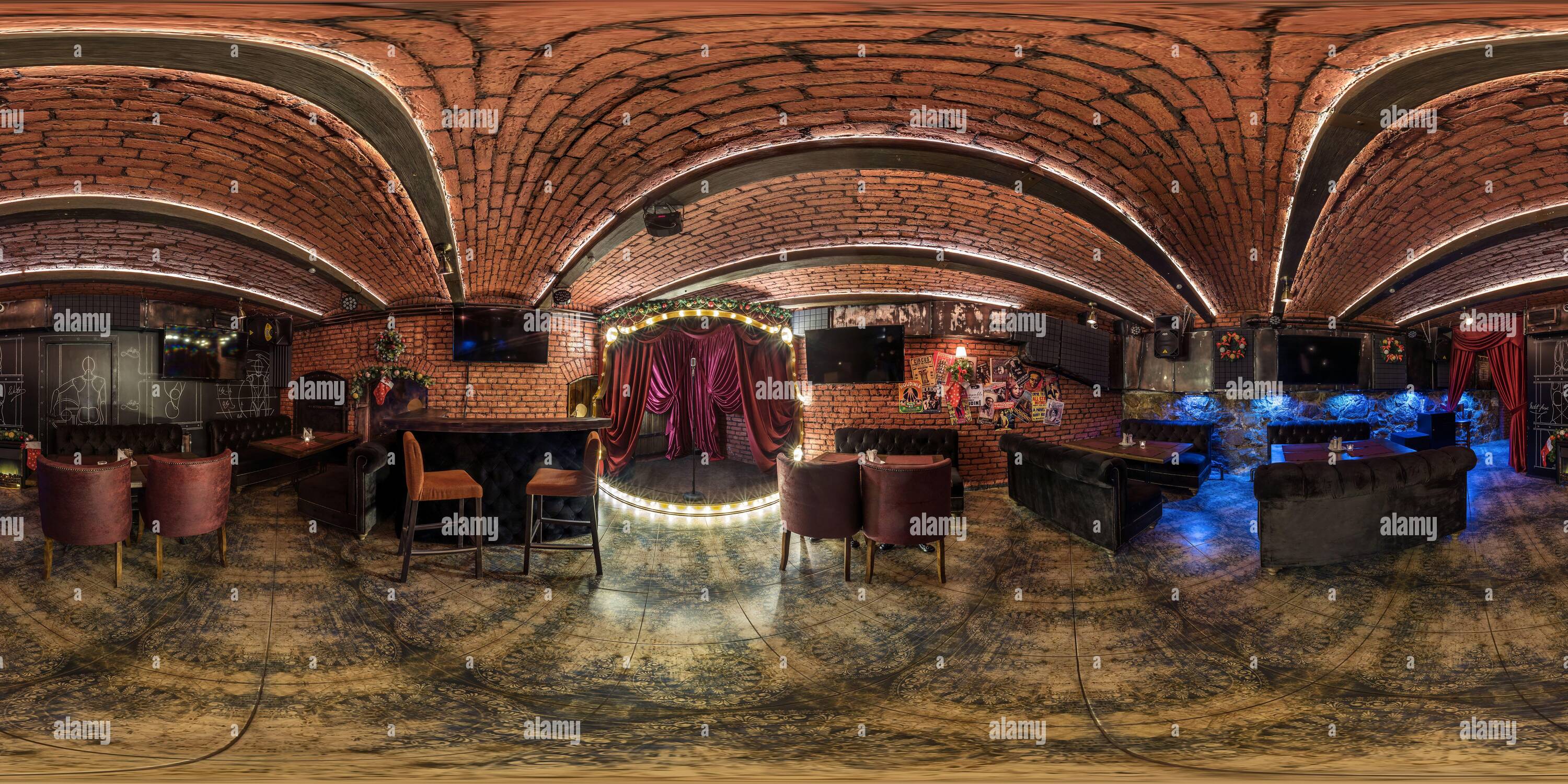 360 degree panoramic view of MOSCOW, RUSSIA - NOVEMBER, 2019: Full spherical seamless hdri  panorama 360 degrees in interior stylish vintage nightclub bar with brick wall and neon