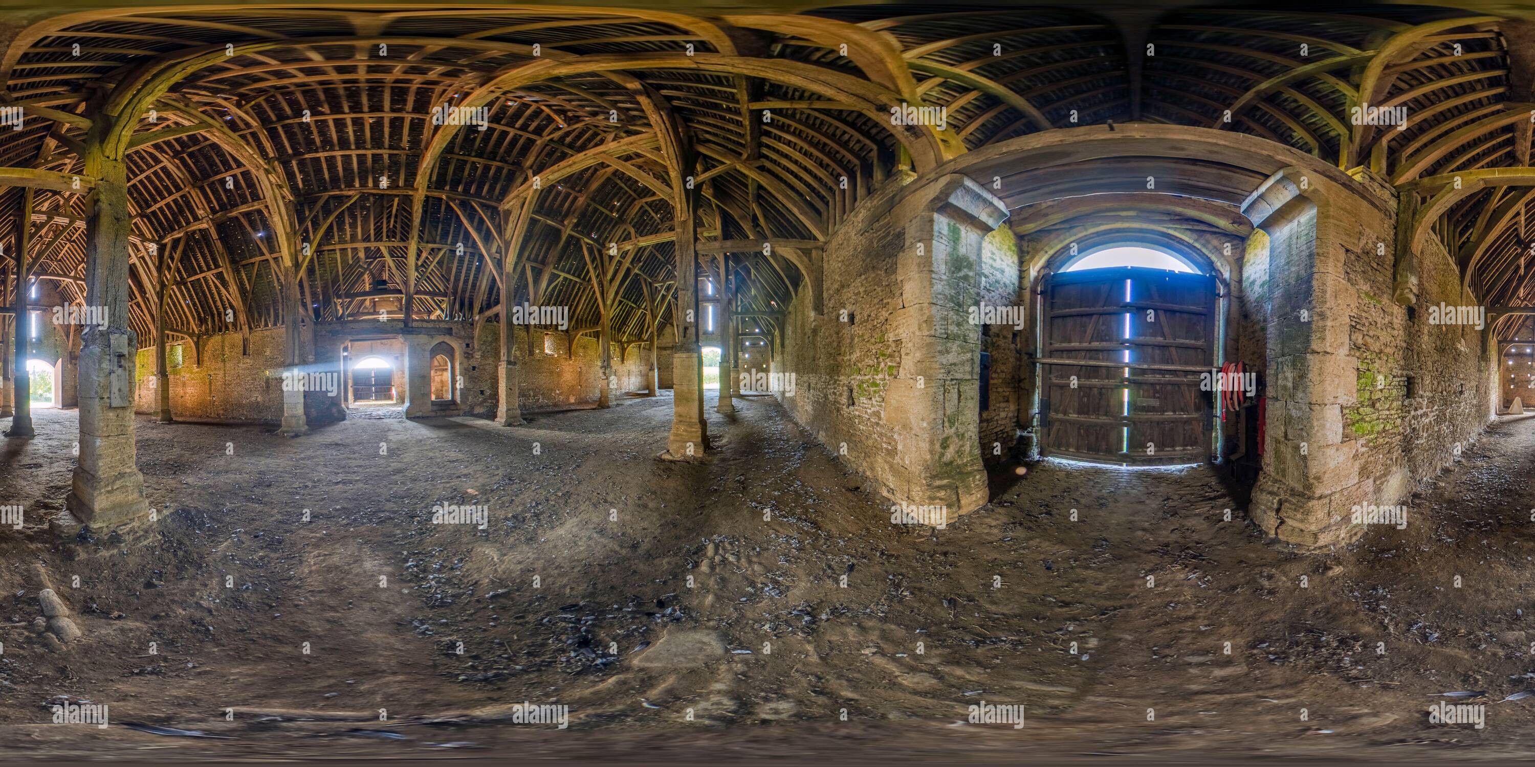 360 degree panoramic view of Interior of Great Coxwell Tithe Barn