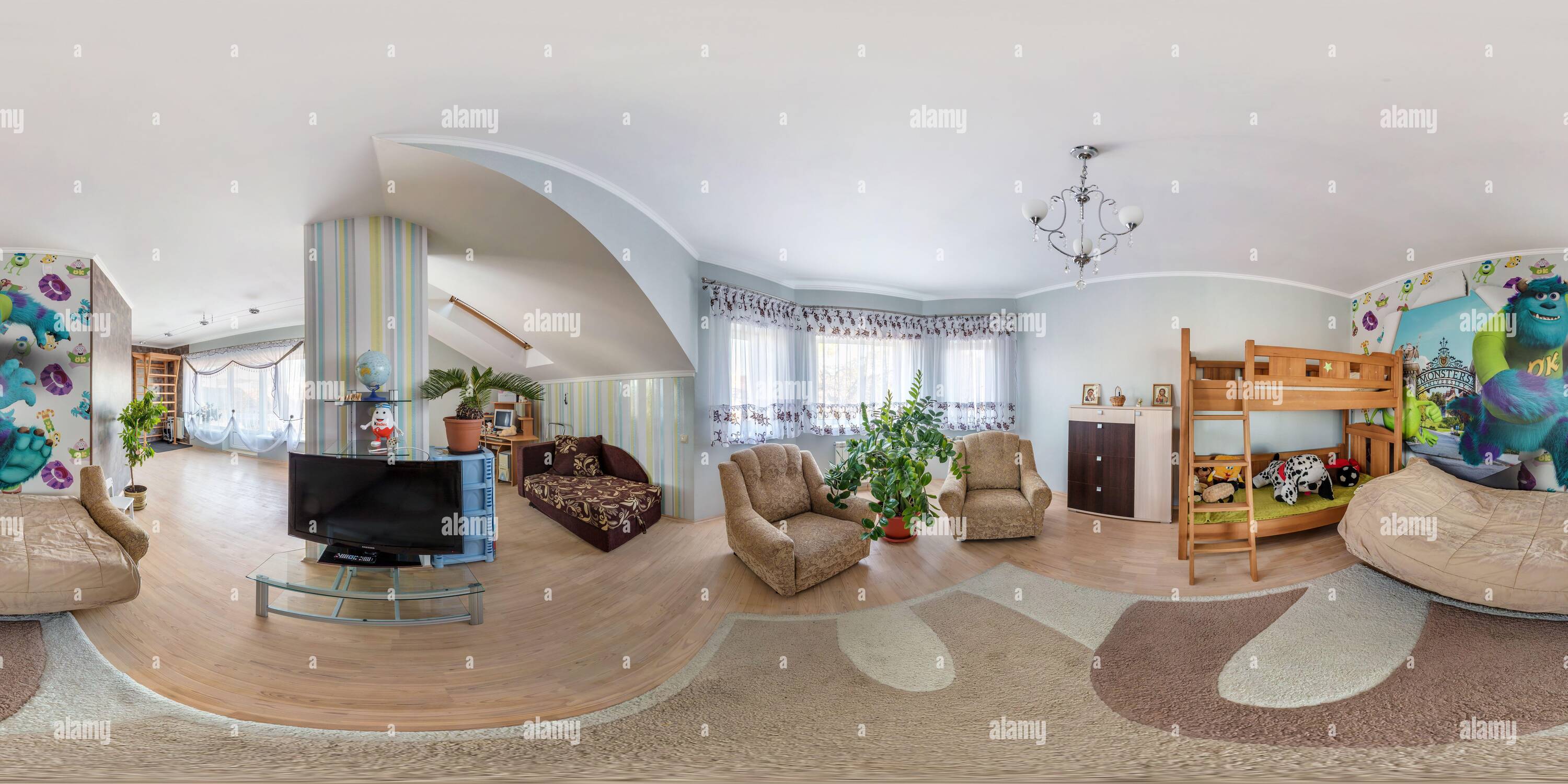 360 degree panoramic view of MINSK, BELARUS - MAY, 2017: Full seamless hdri panorama 360 view in apartment interior in children room with bunk bed and cartoon characters on wall-p