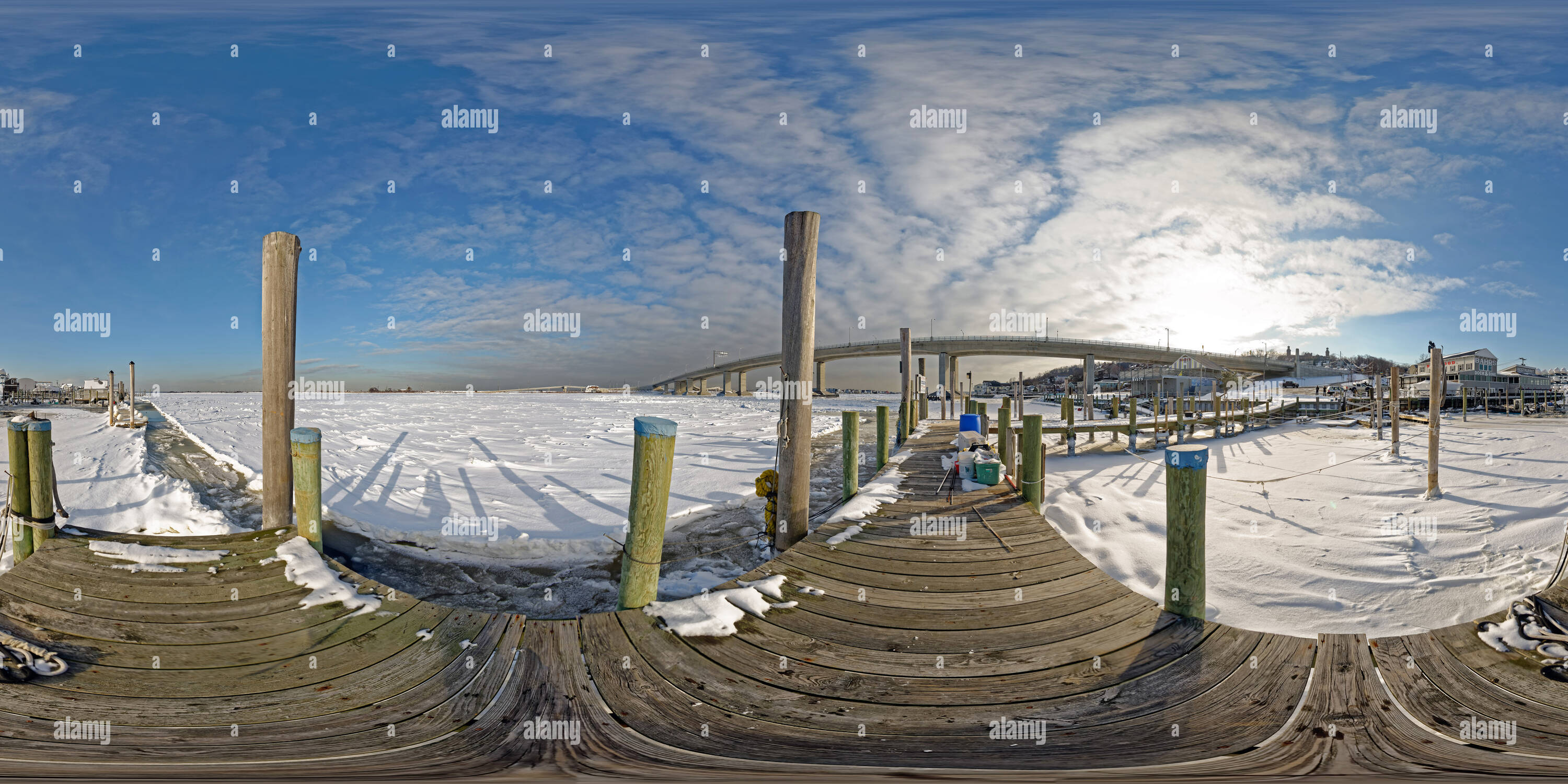 360 degree panoramic view of Winter, Highlands-Sea Bright Bridge and Bahrs Landing, Highlands, NJ, USA