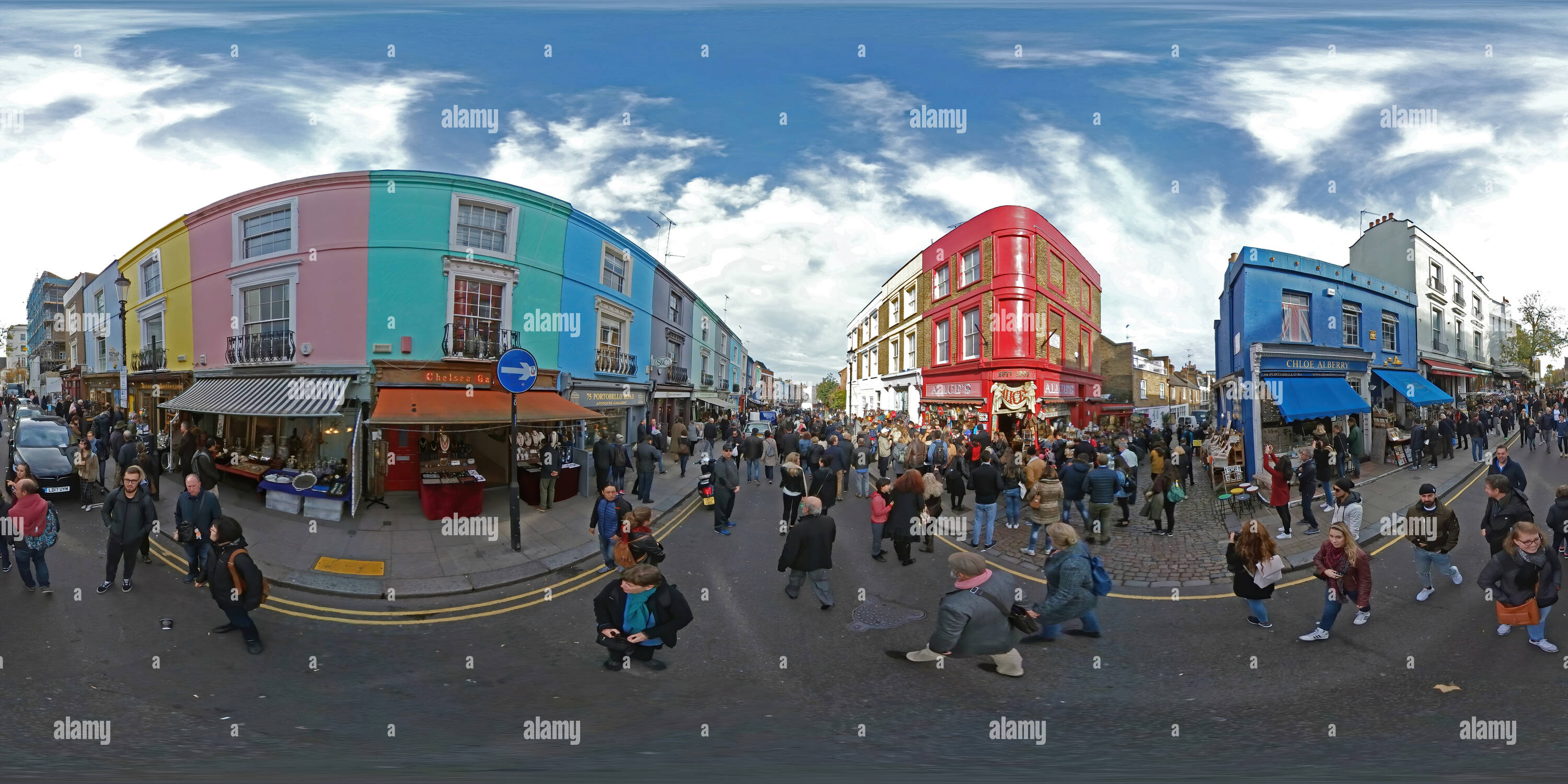 360 degree panoramic view of Portobello  Road Market, Notting Hill, London, W11