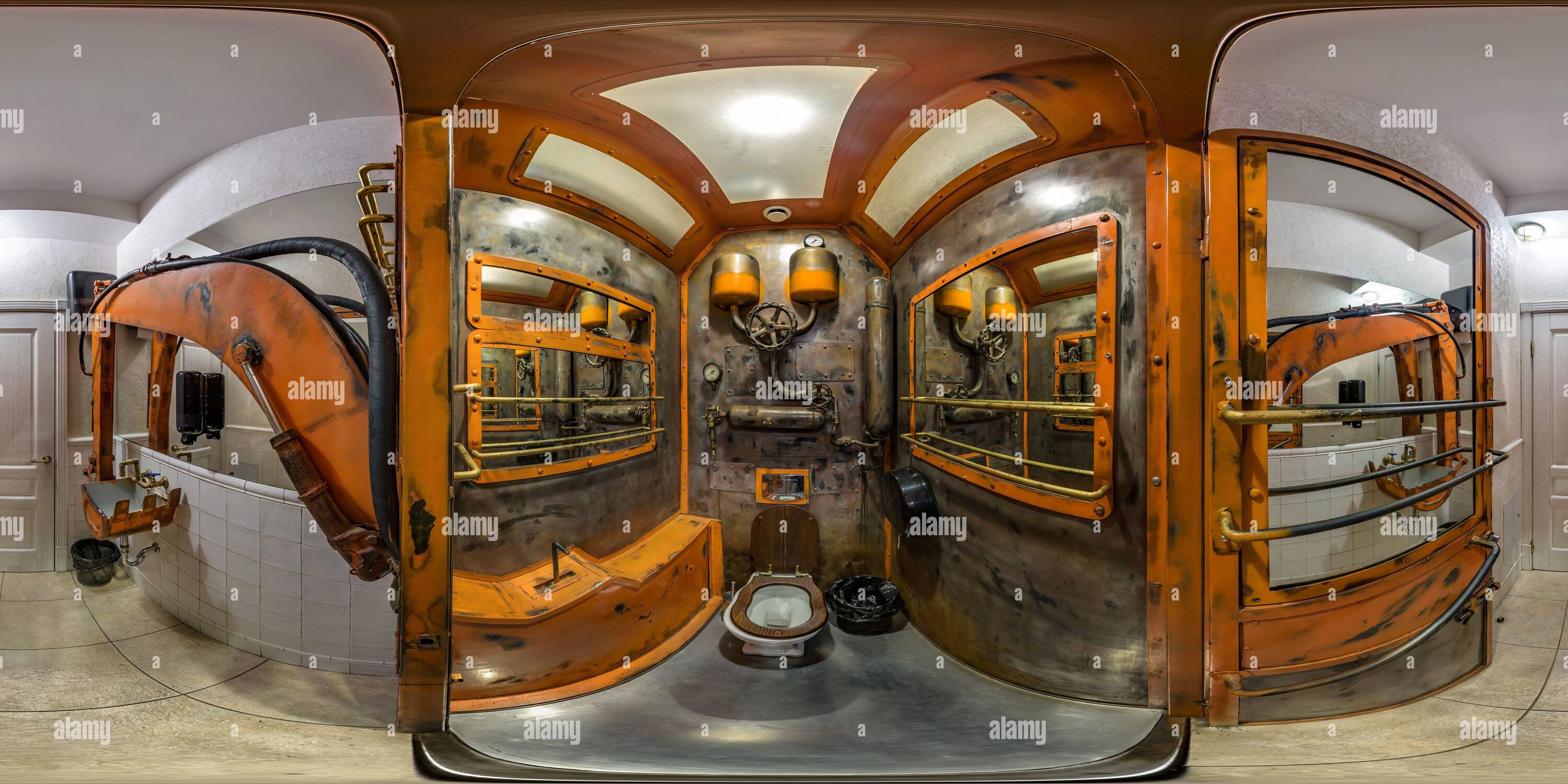 360 degree panoramic view of MINSK, BELARUS - MAY, 2018: full seamless hdri panorama 360 degrees angle view in interior of public restroom in steampunk style in equirectangular pr