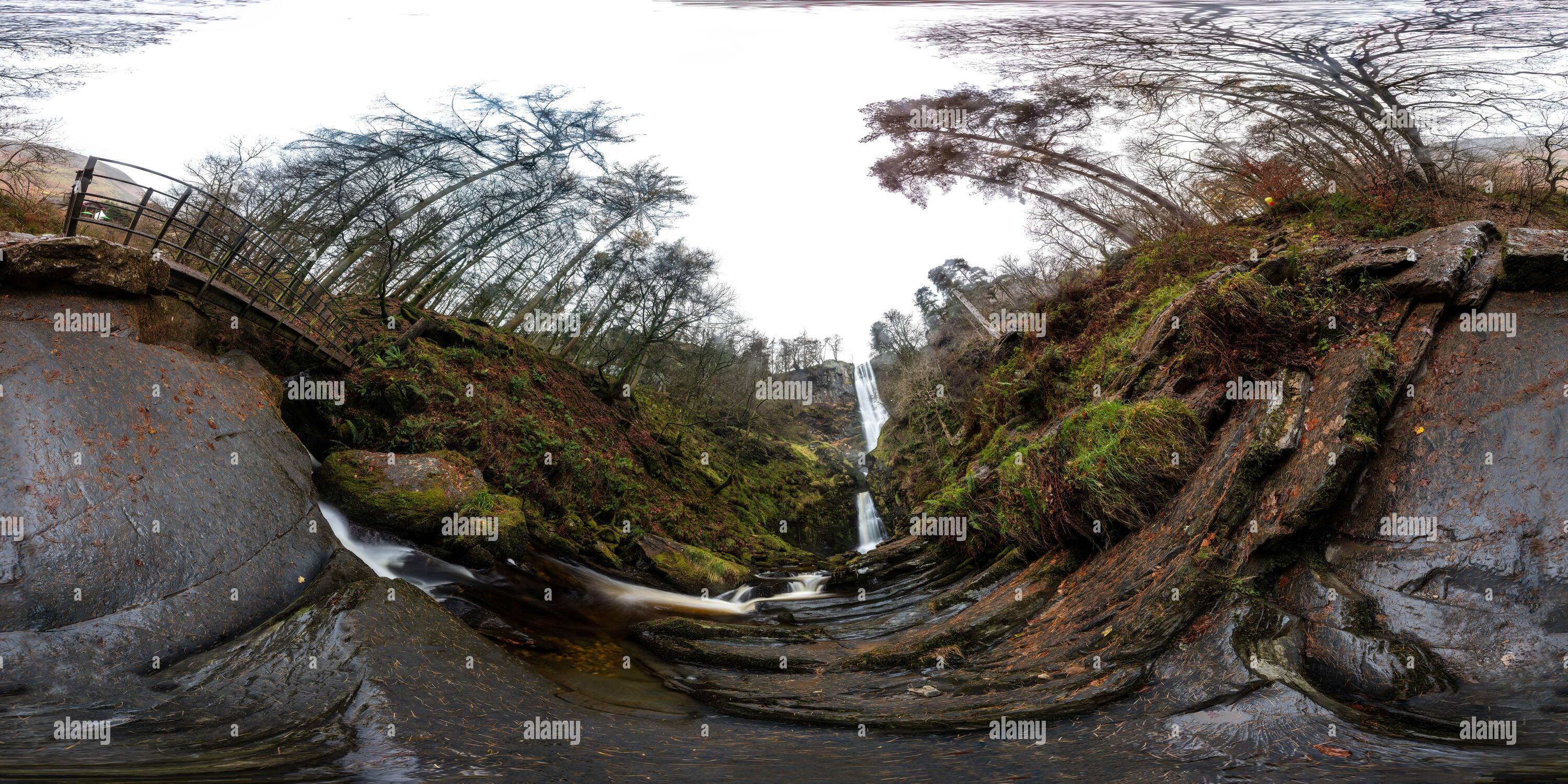 360 degree panoramic view of 360 panorama of Pistyll Rhaeadr waterfall, North Wales