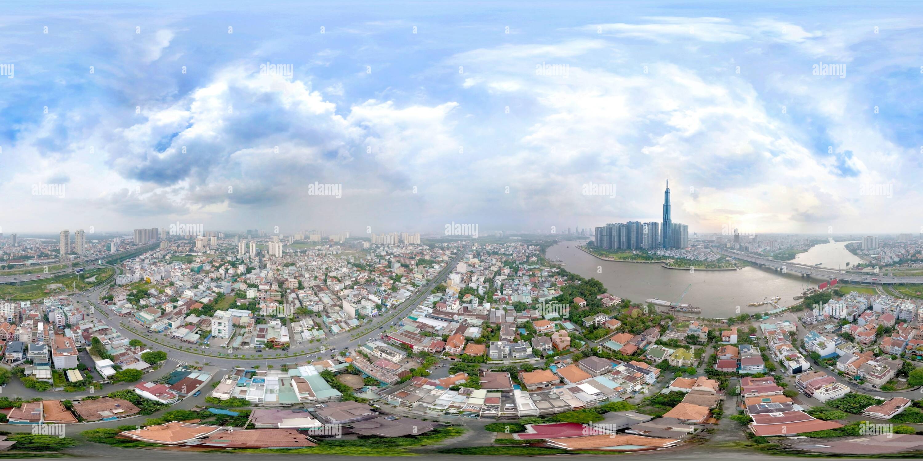 360 degree panoramic view of 360 VR taken over Binh An, HCMC, with views of Saigon Bridge, Vietnam's tallest building, and District 1 on the horizon.