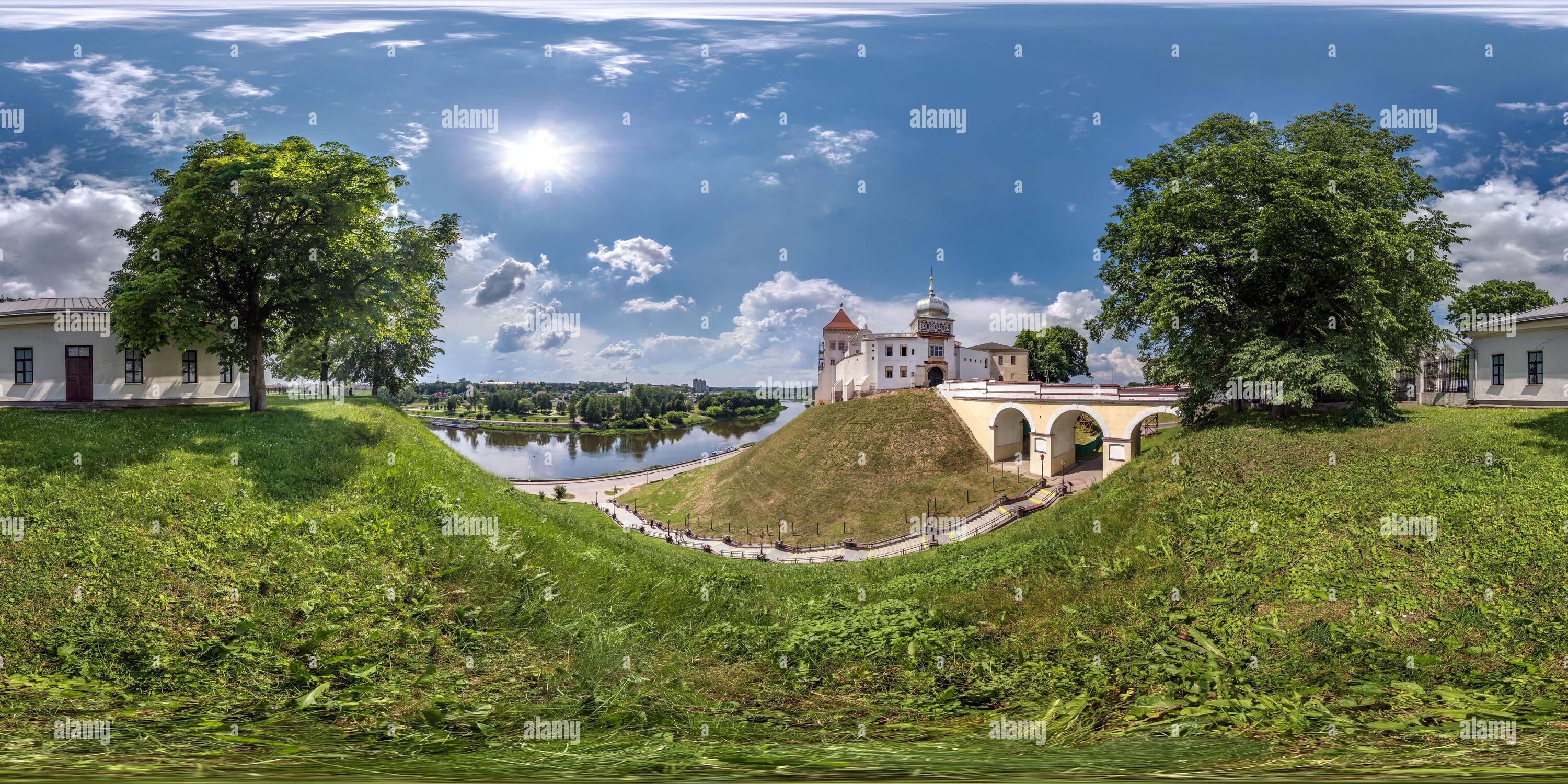 360 degree panoramic view of full seamless spherical hdri panorama 360 promenade overlooking the old city and historic buildings of medieval castle near wide river on mountain in