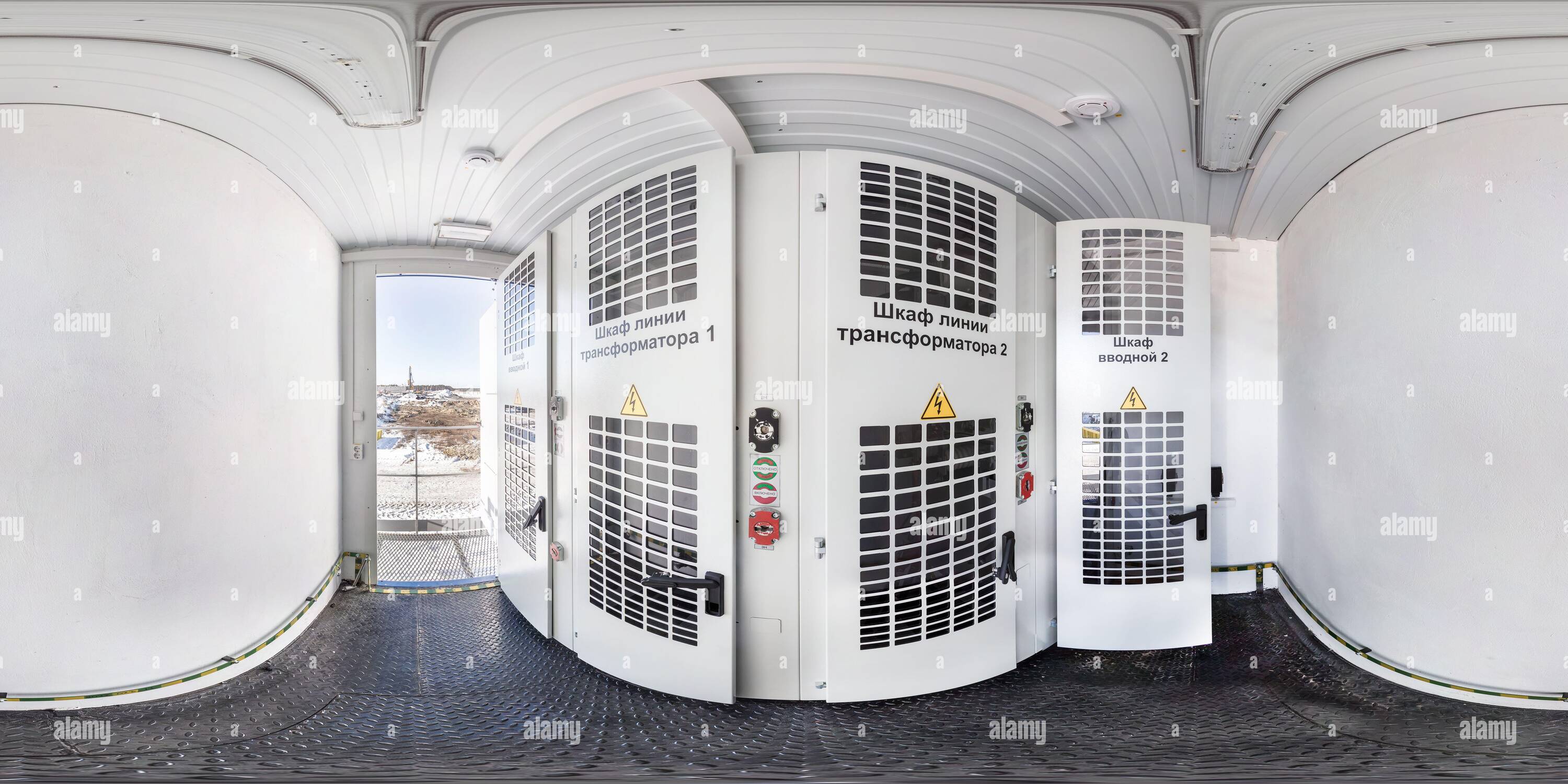 360 degree panoramic view of GOMEL, BELARUS - FEBRUARY, 2017: full spherical seamless hdri panorama 360 angle inside high voltage power unit shield in equirectangular projection.