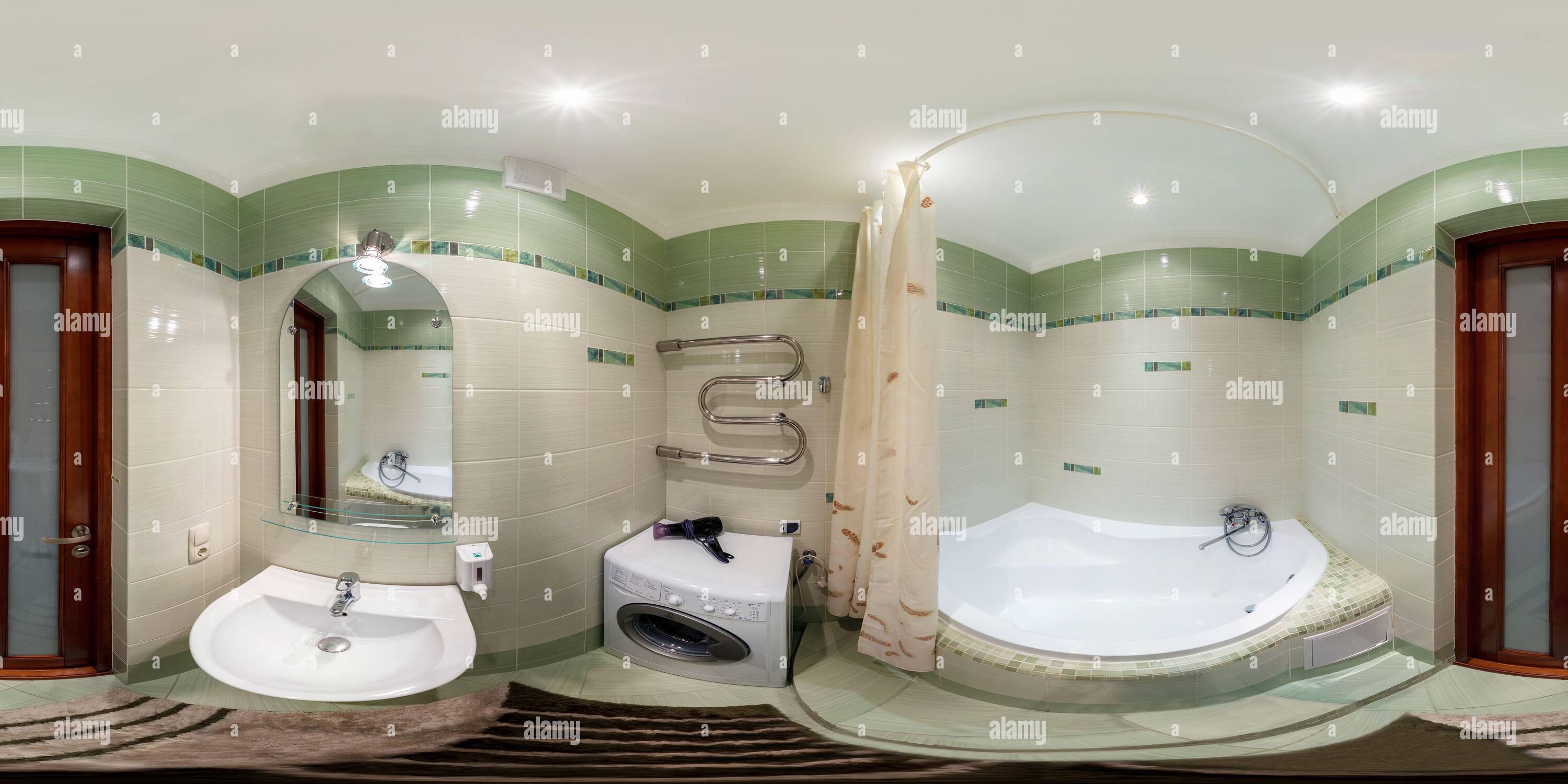 360 degree panoramic view of MINSK, BELARUS - MAY, 2017: full seamless hdri panorama 360 degrees angle view in interior of bathroom in modern flat loft apartments in equirectangul