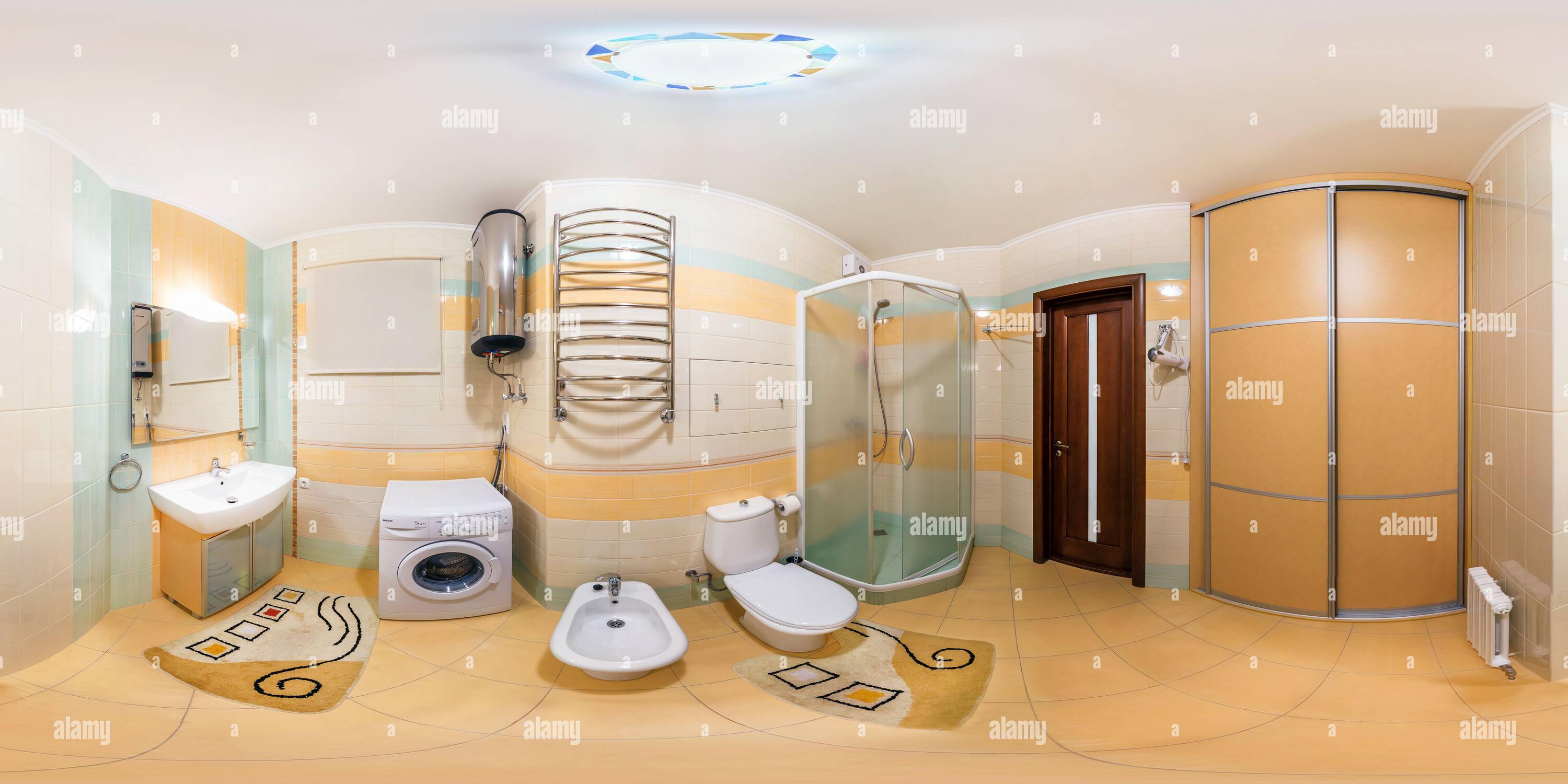 360 degree panoramic view of MINSK, BELARUS - MAY, 2017: full seamless hdri panorama 360 degrees angle view in interior of bathroom in modern flat loft apartments in equirectangul