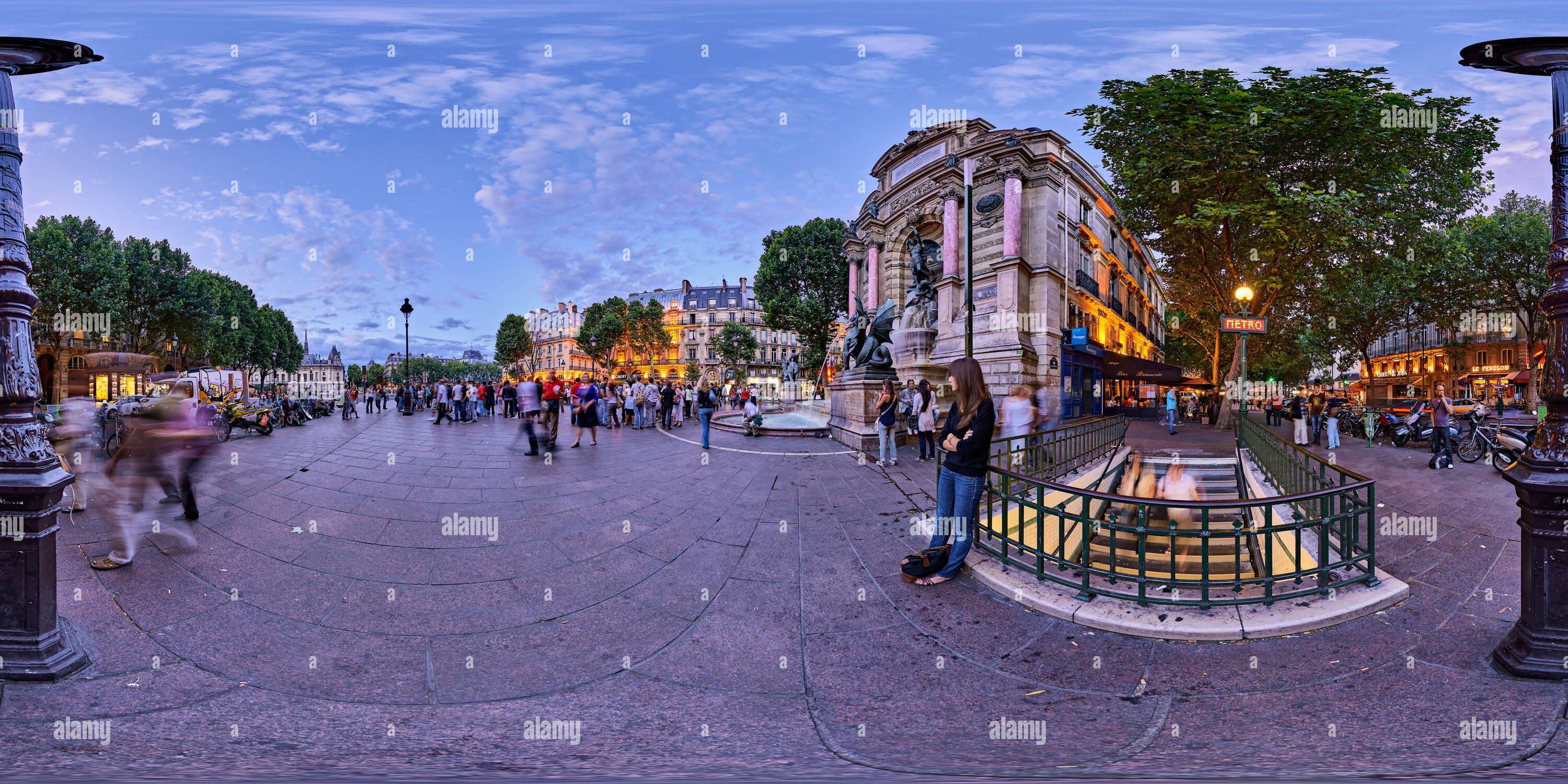 360 degree panoramic view of Dusk at Fontaine Saint-Michel, Paris, France