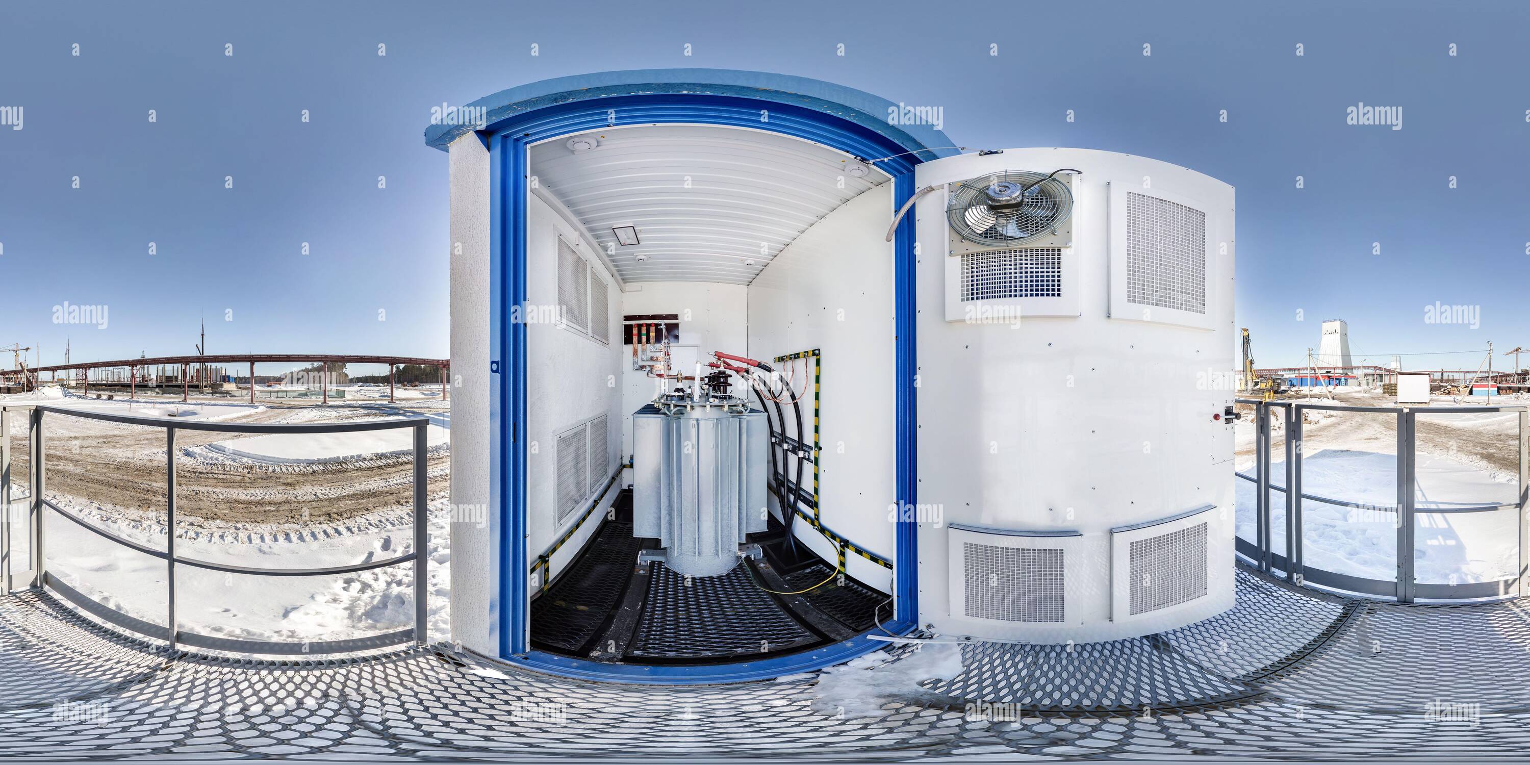 360 degree panoramic view of GOMEL, BELARUS - FEBRUARY, 2017: full spherical seamless hdri panorama 360 angle inside high voltage power unit shield in equirectangular projection.