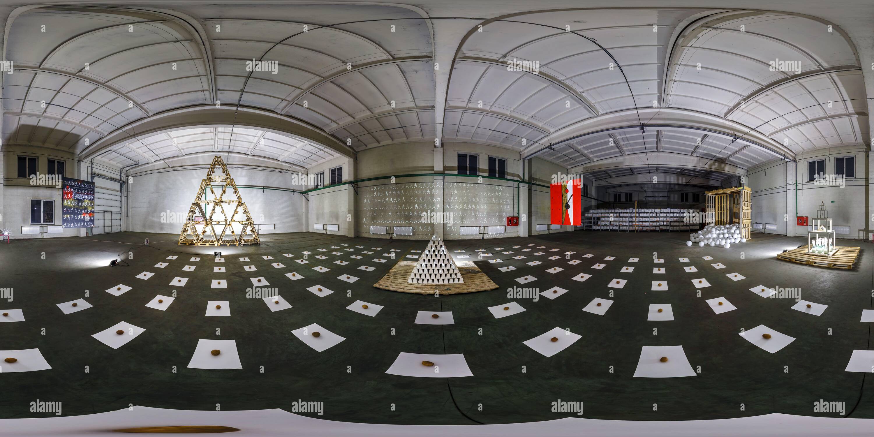 360 degree panoramic view of MINSK, BELARUS - MAY 2020: full seamless spherical hdri panorama 360 in interior of large empty room as exhibition gallery of contemporary art in indu