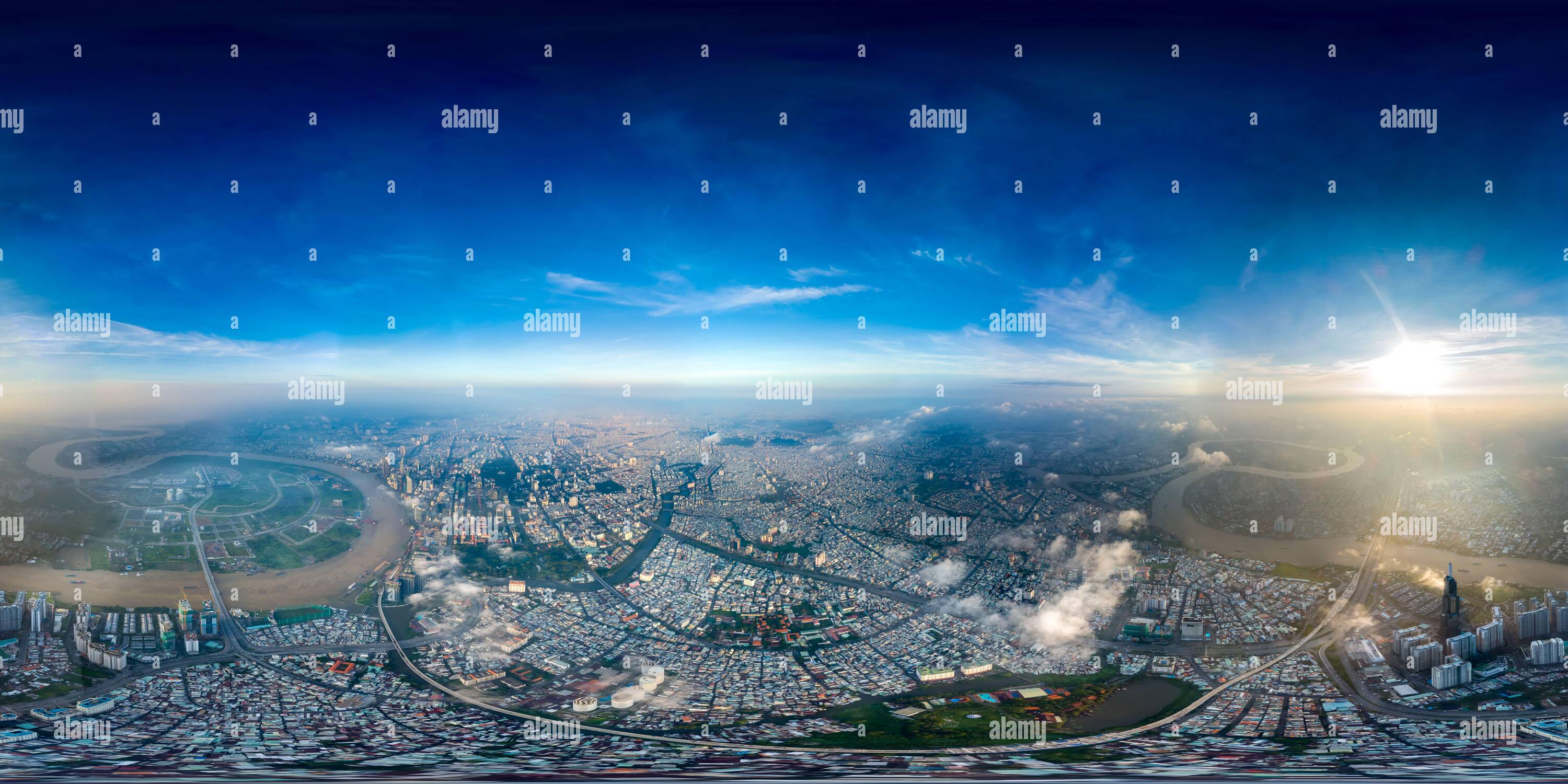 360 degree panoramic view of High Altitude 360 VR Cityscape at Sunrise with Visibility over 10Km.