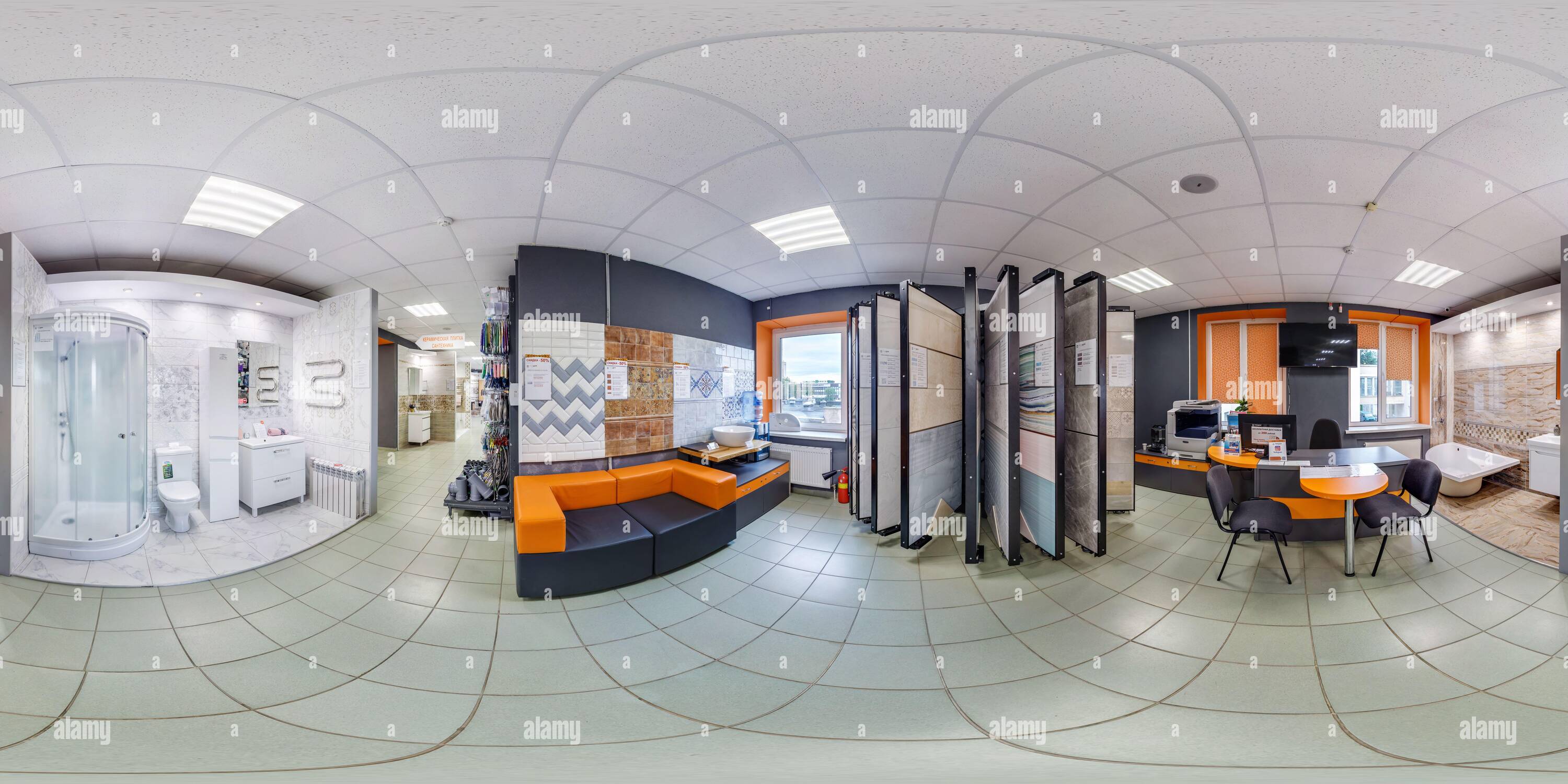 360 degree panoramic view of MINSK, BELARUS - MAY, 2019: Full spherical seamless hdri panorama 360 degrees angle inside interior in shop showroom of elite plumbing and household g