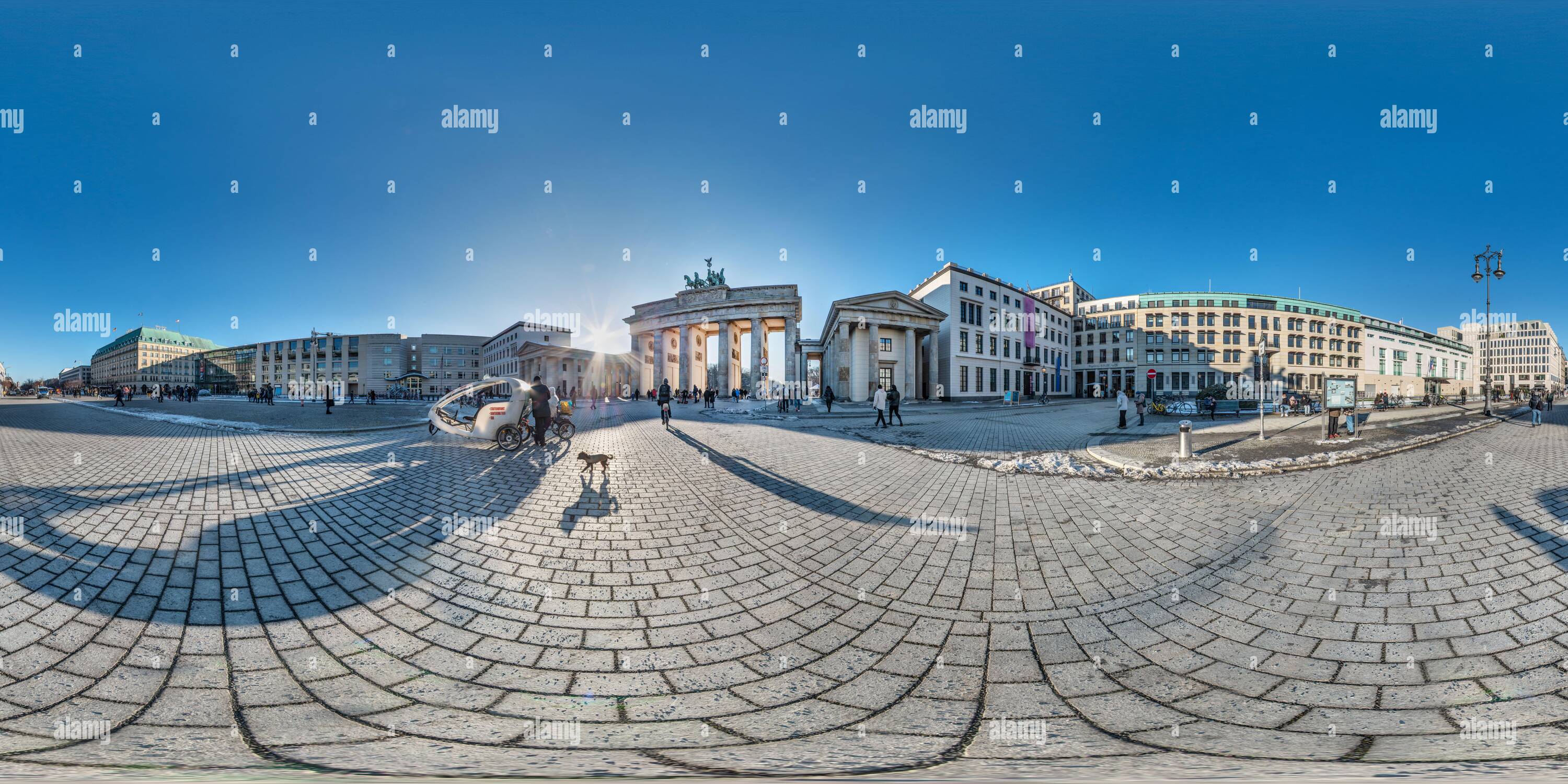 360 degree panoramic view of 360° panoramic photograph taken on the Pariser Platz in Berlin with the US Embassy, French Embassy, Hotel Adlon and the Akademie der Künste.