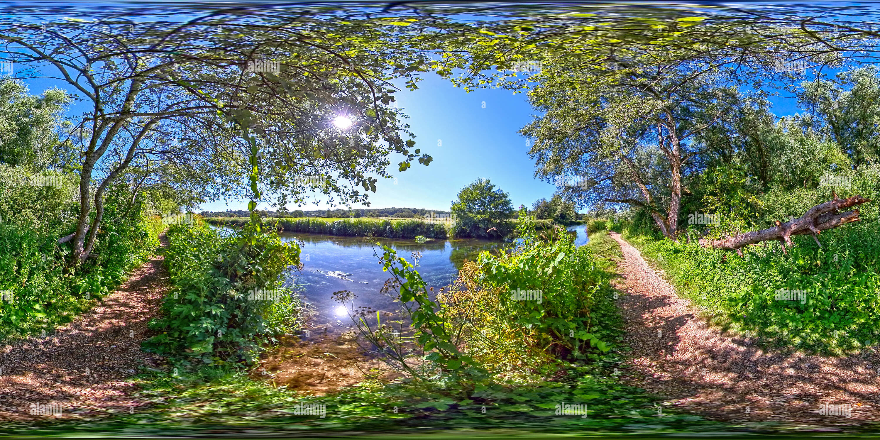 360 degree panoramic view of Walking along the River Itchen Navigation, Brambridge, Albrook, Hampshire, United Kingdom