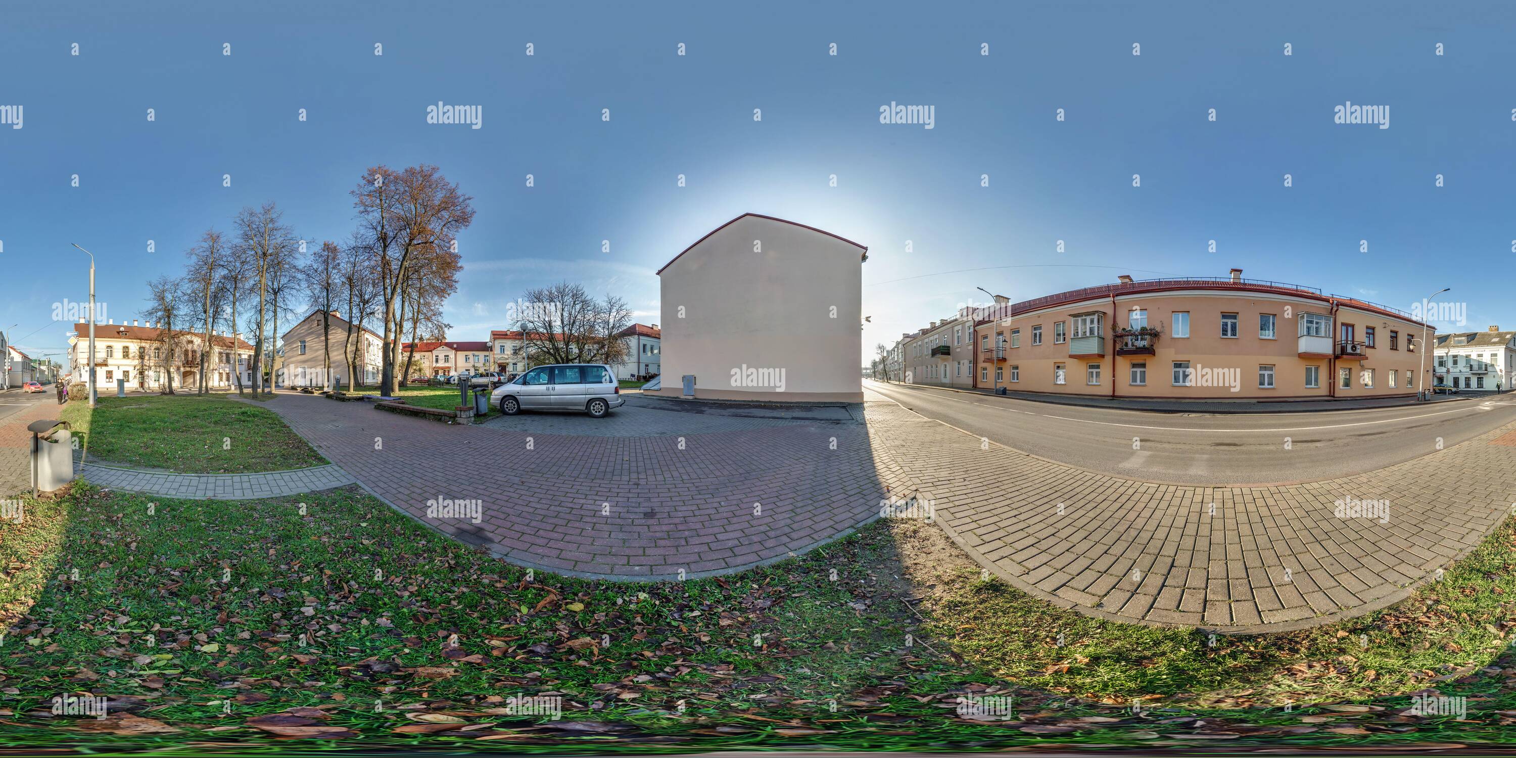 360 degree panoramic view of GRODNO, BELARUS -  NOVEMBER 2020: full seamless hdri panorma 360 angle view on parking with cars near buildings provincial town  in equirectangular sp