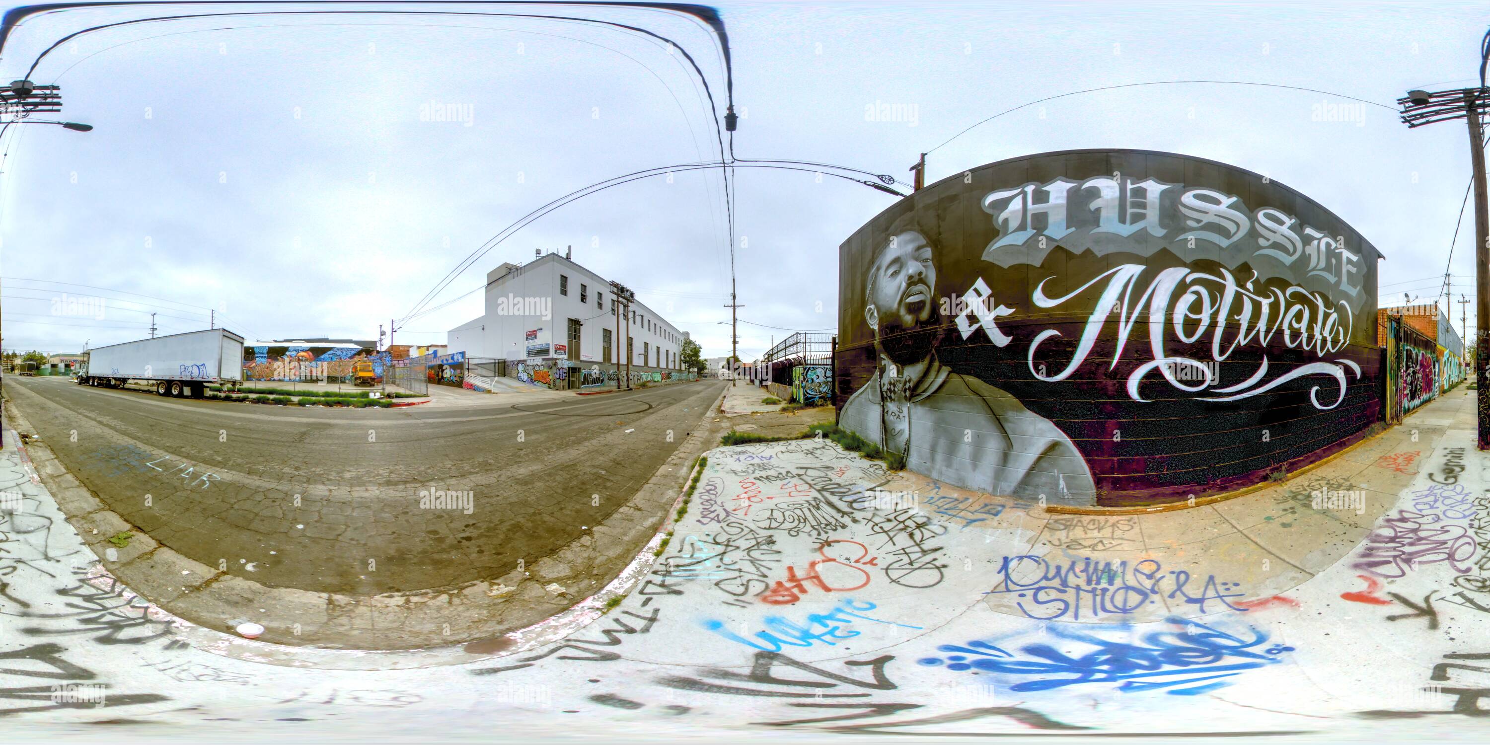 360 degree panoramic view of Los Angeles, Downtown Graffiti Alleyway complex 09 - Nipsey Hussle RIP