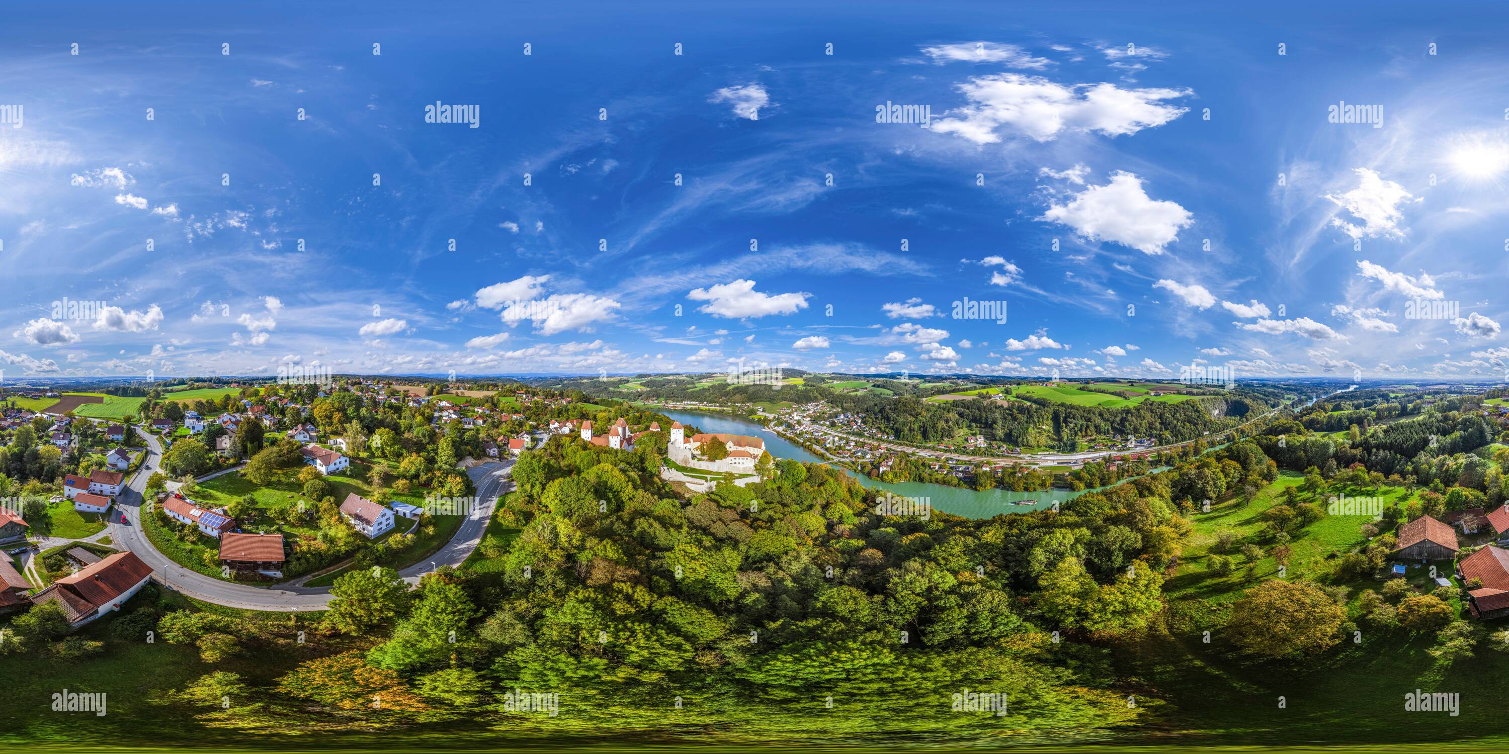 360 degree panoramic view of Aerial view to Neuburg on Inn