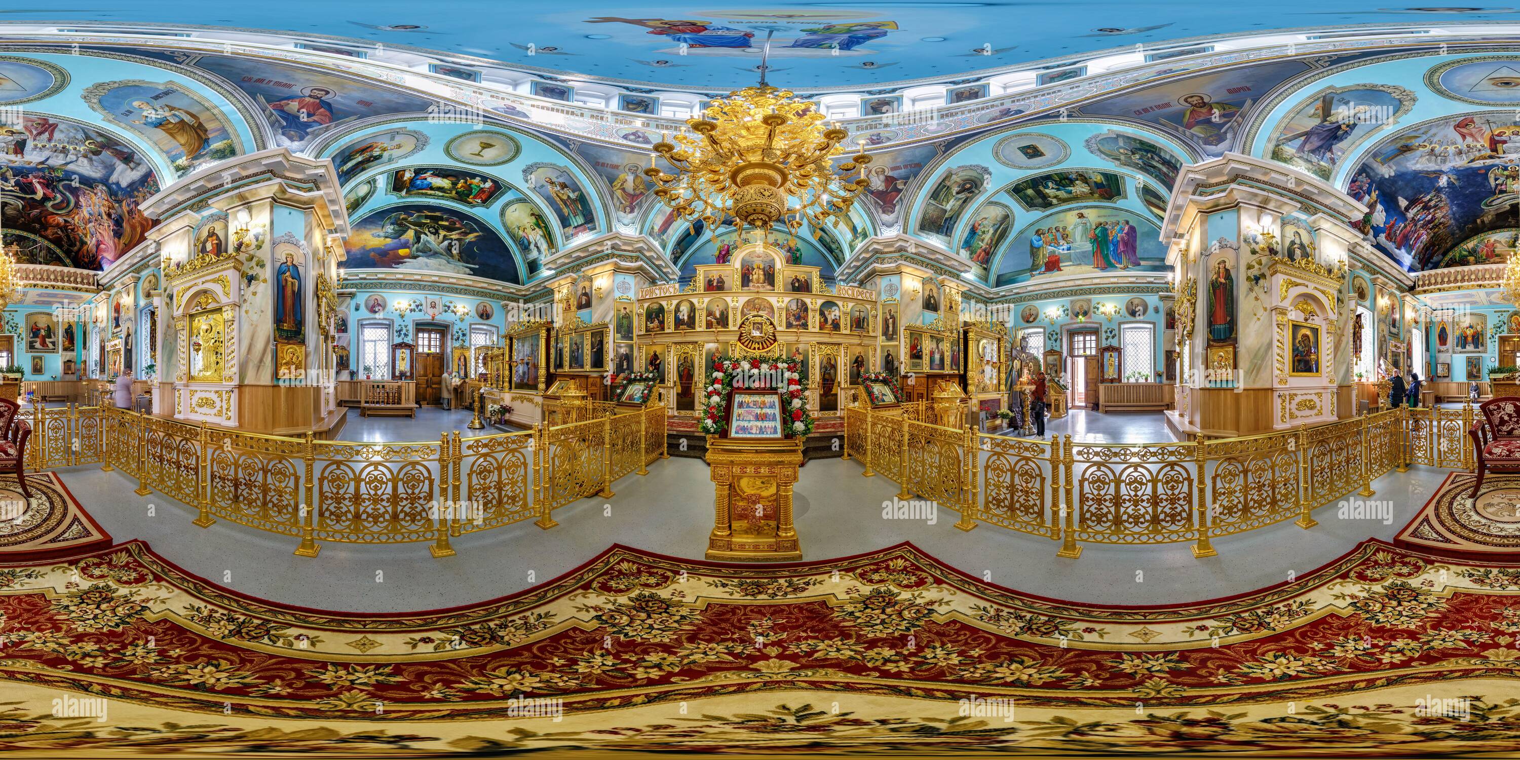 360 degree panoramic view of GOMEL, BELARUS - OCTOBER 2020: Full seamless hdri panorama 360 angle degrees view inside interior of  orthodox church with icons near altar in equirec