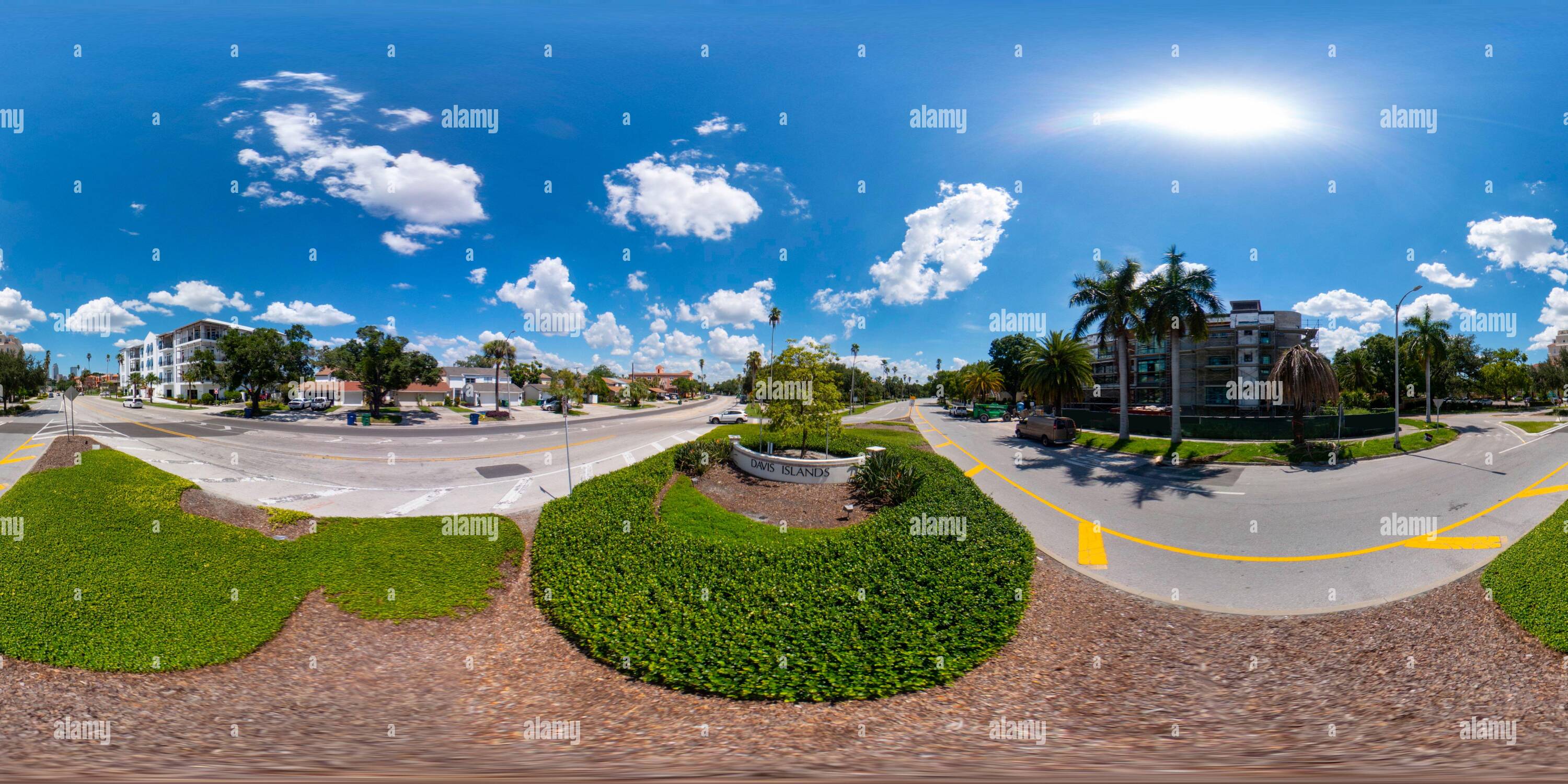 360 degree panoramic view of 360 vr photo entrance sign at Davis Island Tampa FL USA