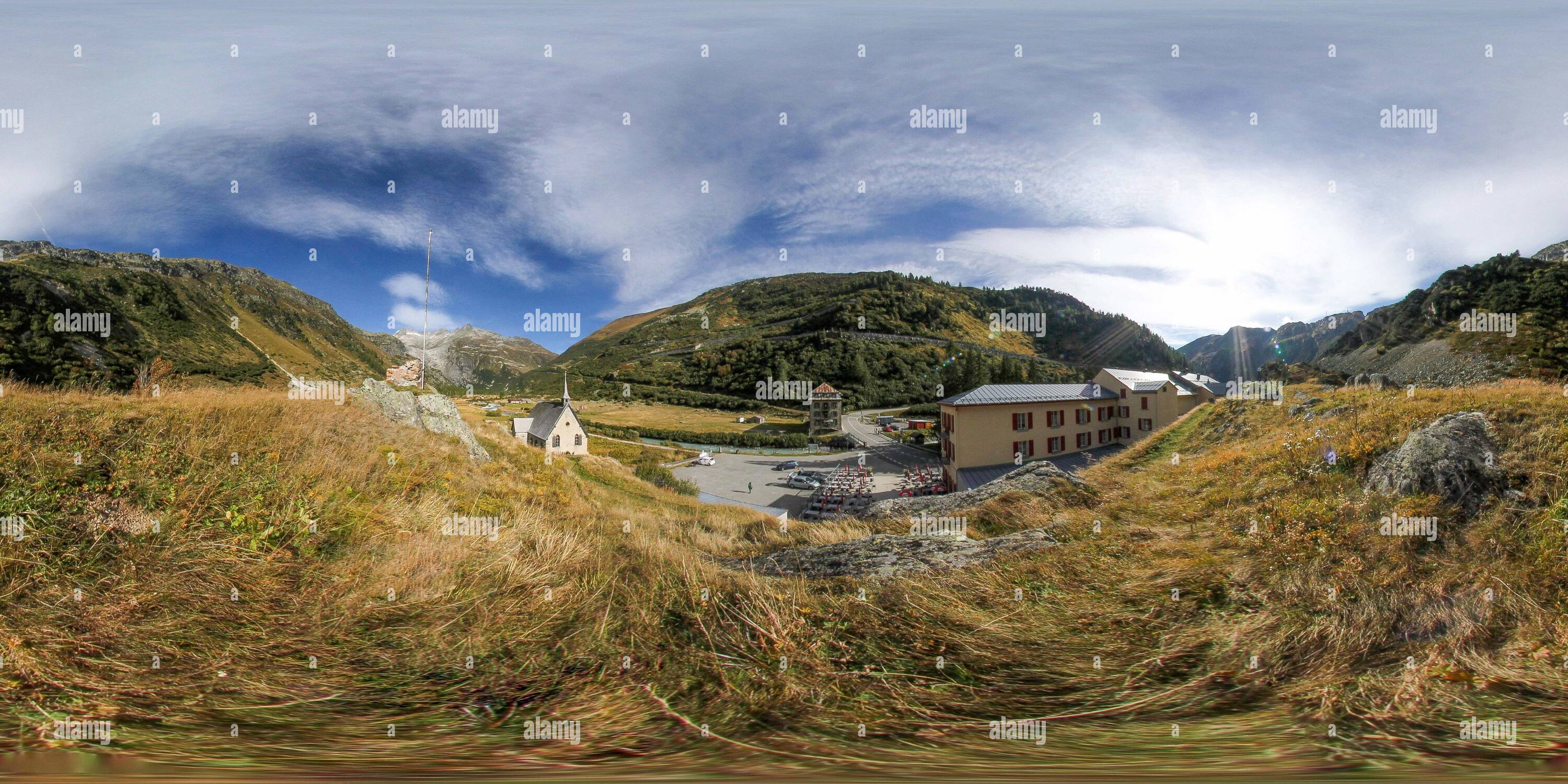 360 degree panoramic view of Gletsch in autumnal colors