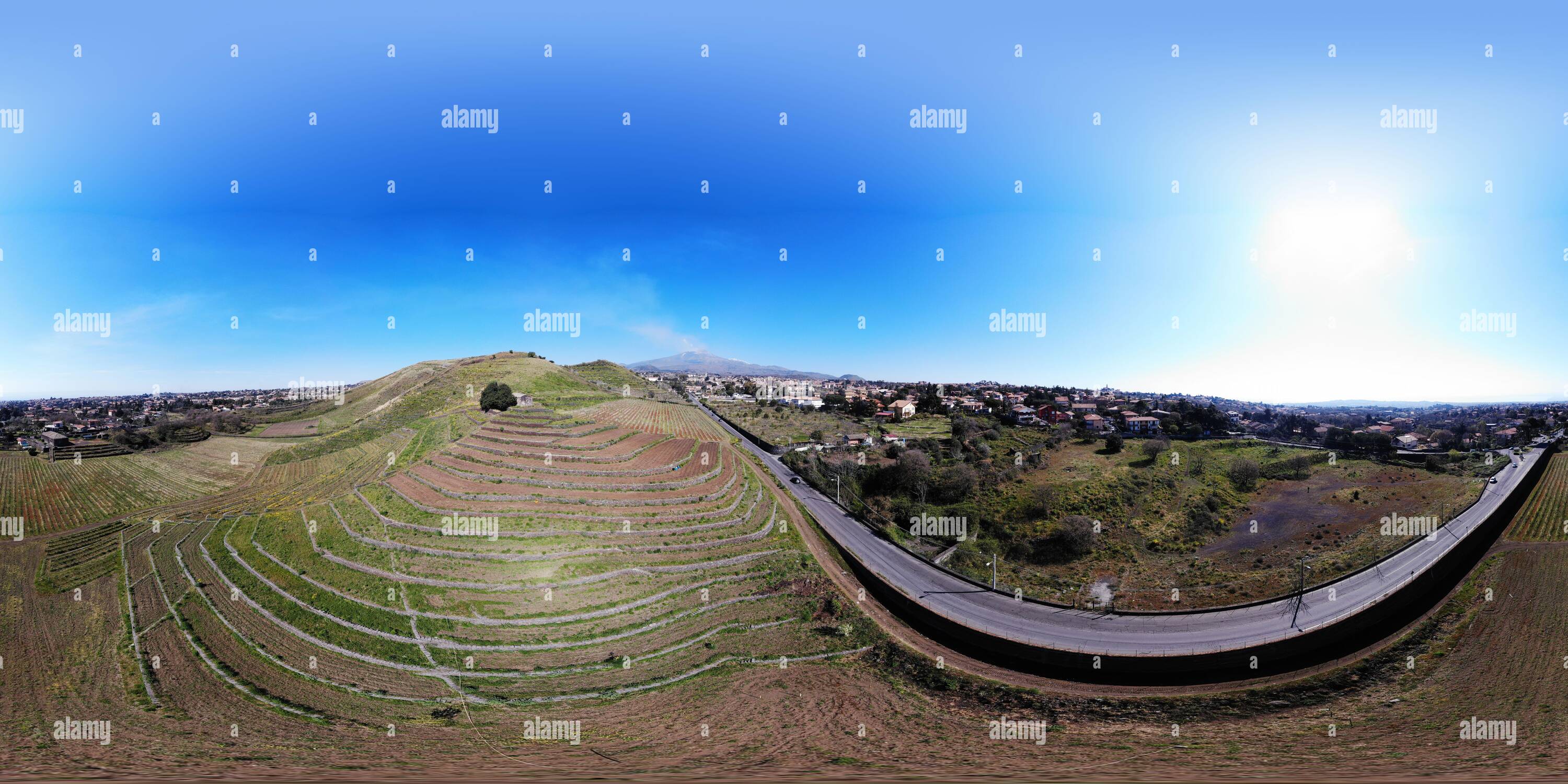 360 degree panoramic view of vigneto etna - tipico terrazzamento per la coltivazione dell'uva alle falde dell'Etna