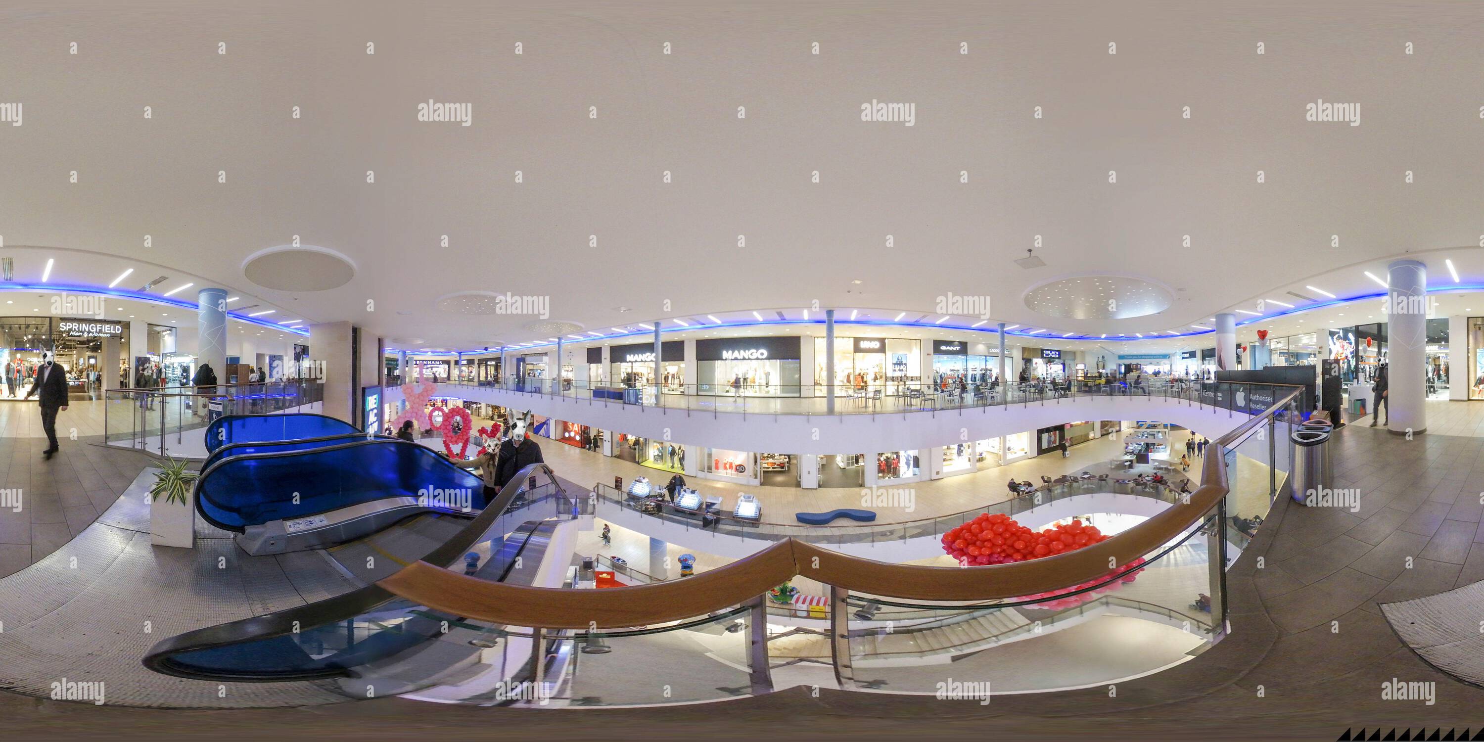 360 degree panoramic view of Modern shopping center Europa interior with luxury brand shops.