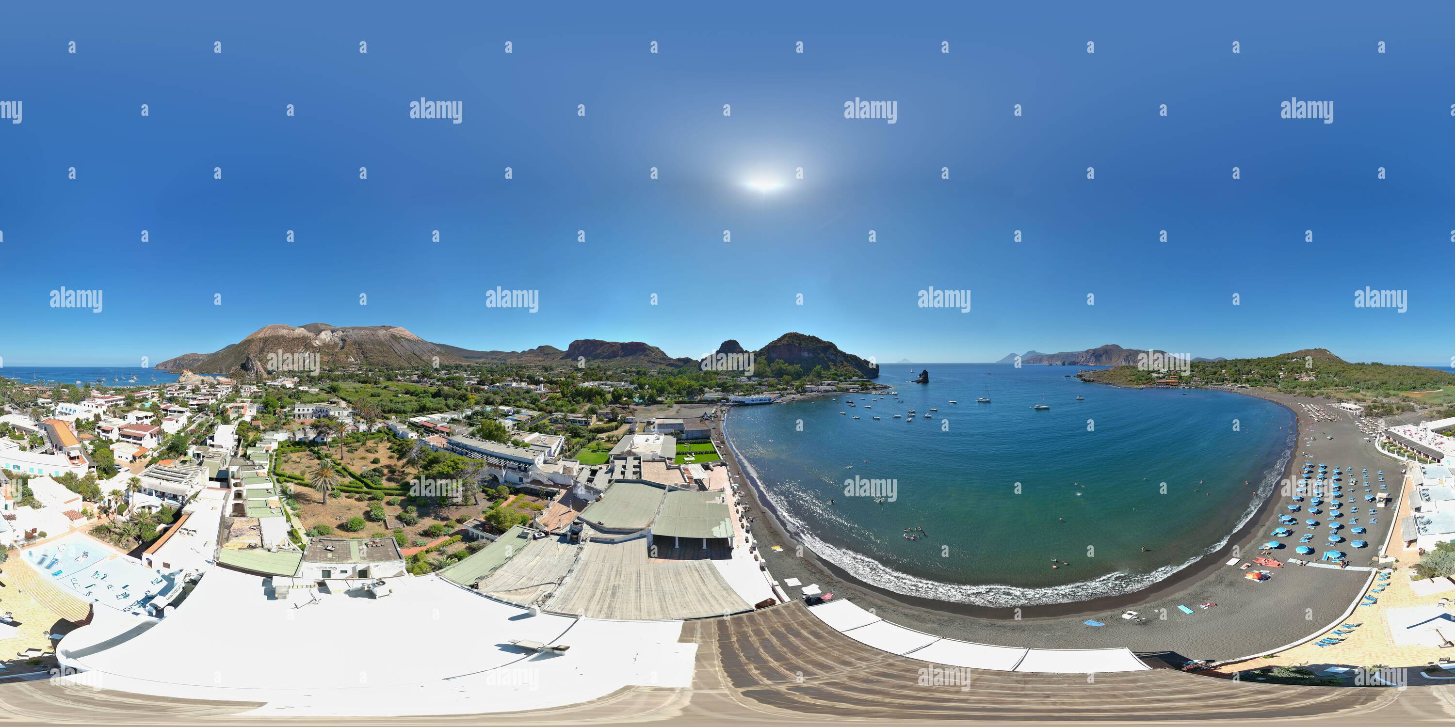 360 degree panoramic view of isola di Vulcano, sicilia, mediterraneo, isole eolie, 360 photo on aeolian vulcano island