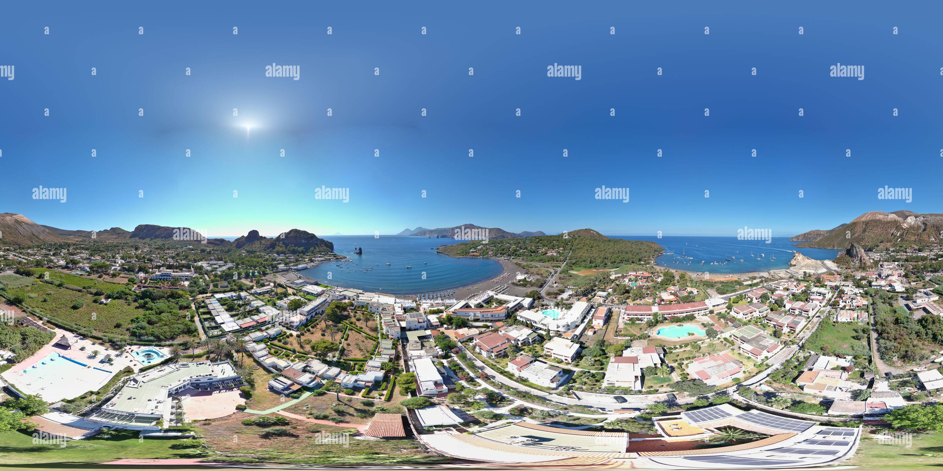 360 degree panoramic view of isola di Vulcano, sicilia, mediterraneo, isole eolie, 360 photo on aeolian vulcano island