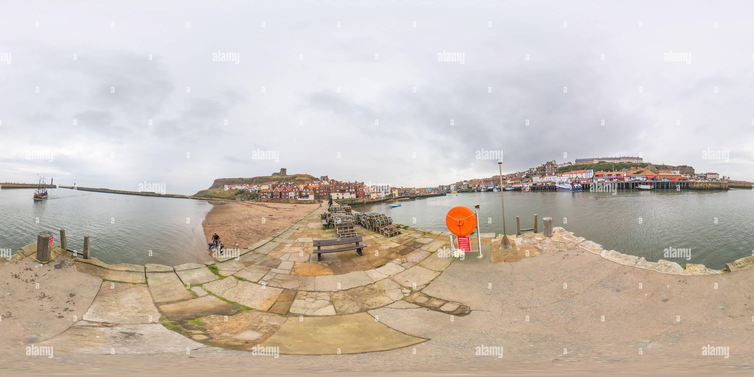 360° view of 360 spherical panorama captured at Tate Hill Pier in Whitby Harbour in North