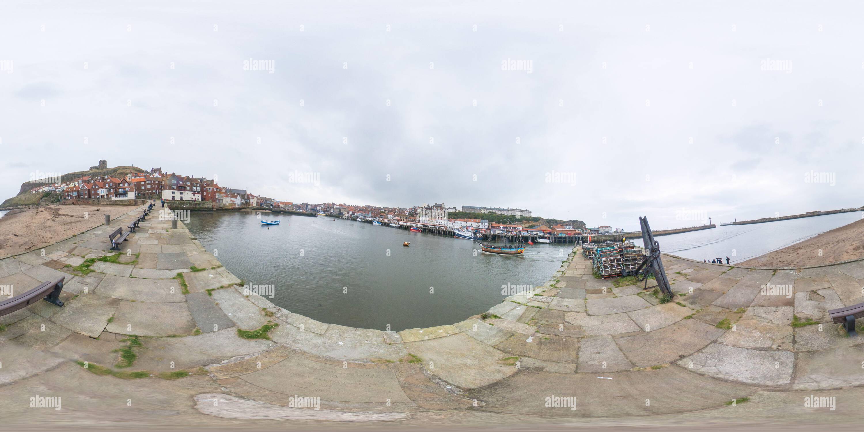 360° view of 360 spherical panorama captured at Tate Hill Pier in Whitby Harbour in North