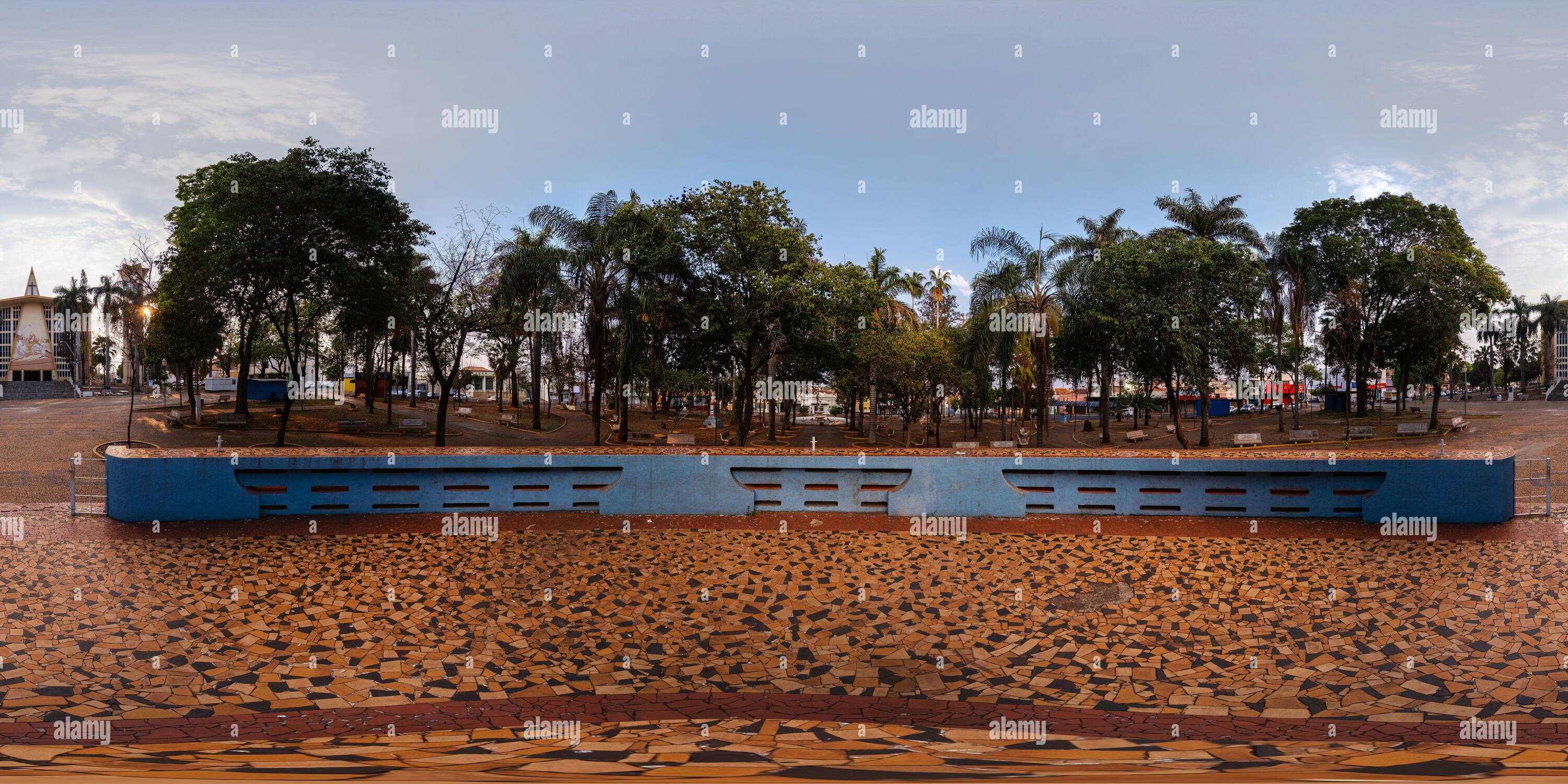 360 degree panoramic view of view of the bandstand at Joaquim Lourenco Correa square, overlooking the Church 'Nossa Senhora das Dores', in Bariri, Sao Paulo State, Brazil