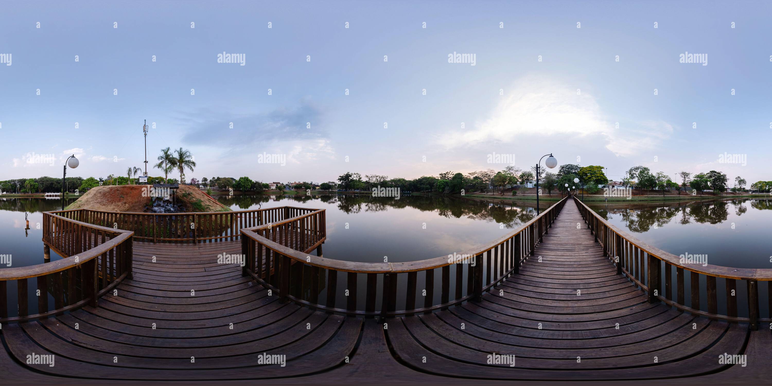 360 degree panoramic view of Sunrise over a small river bridge that supplies the Municipal Lake in Bariri, Sao Paulo state, Brazil