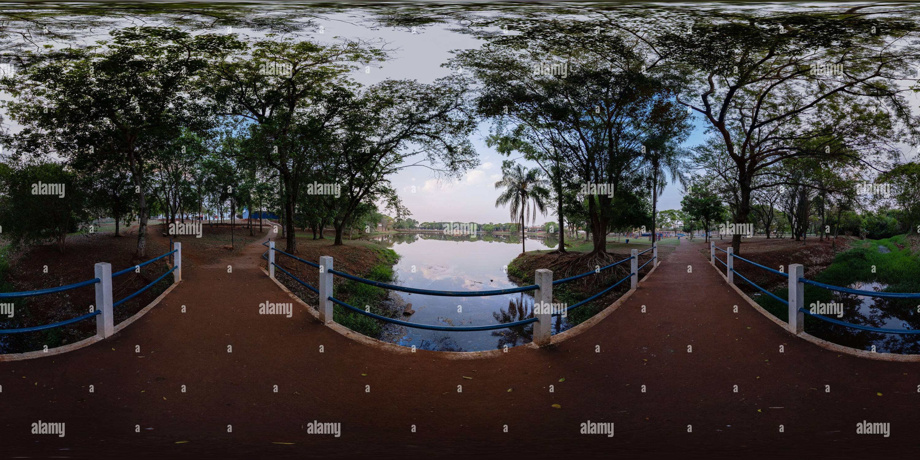 360 degree panoramic view of Sunrise over a small river bridge that supplies the Municipal Lake in Bariri, Sao Paulo state, Brazil