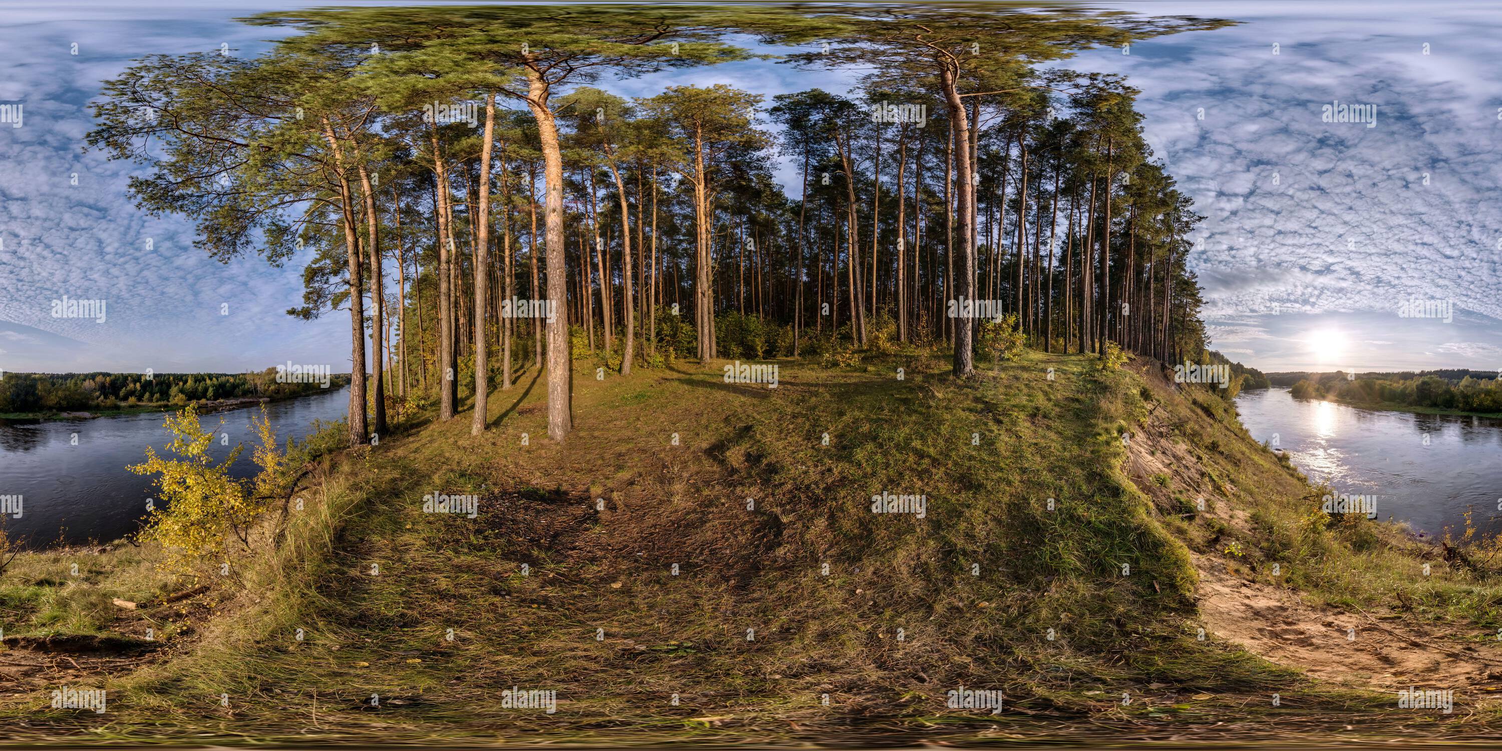 360° view of hdri 360 panorama on high sandy beach of wide river in ...