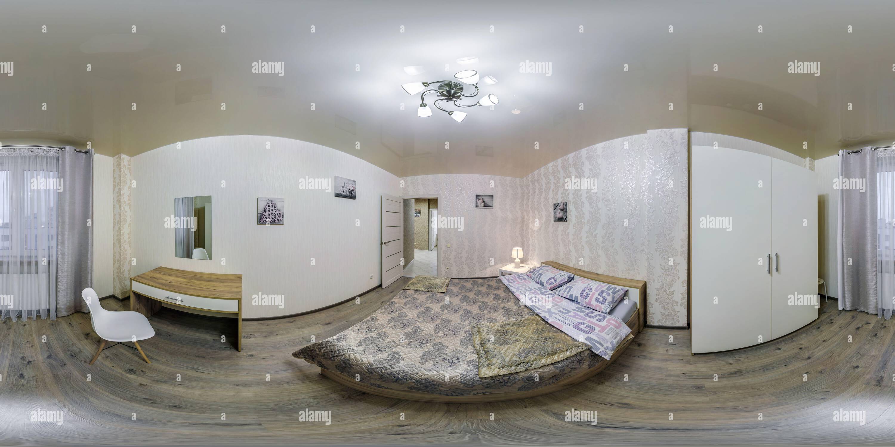 360 degree panoramic view of 360 hdri panorama view in interior of modern luxury bedroom in studio apartments in equirectangular spherical projection, VR AR content - MINSK, BELAR