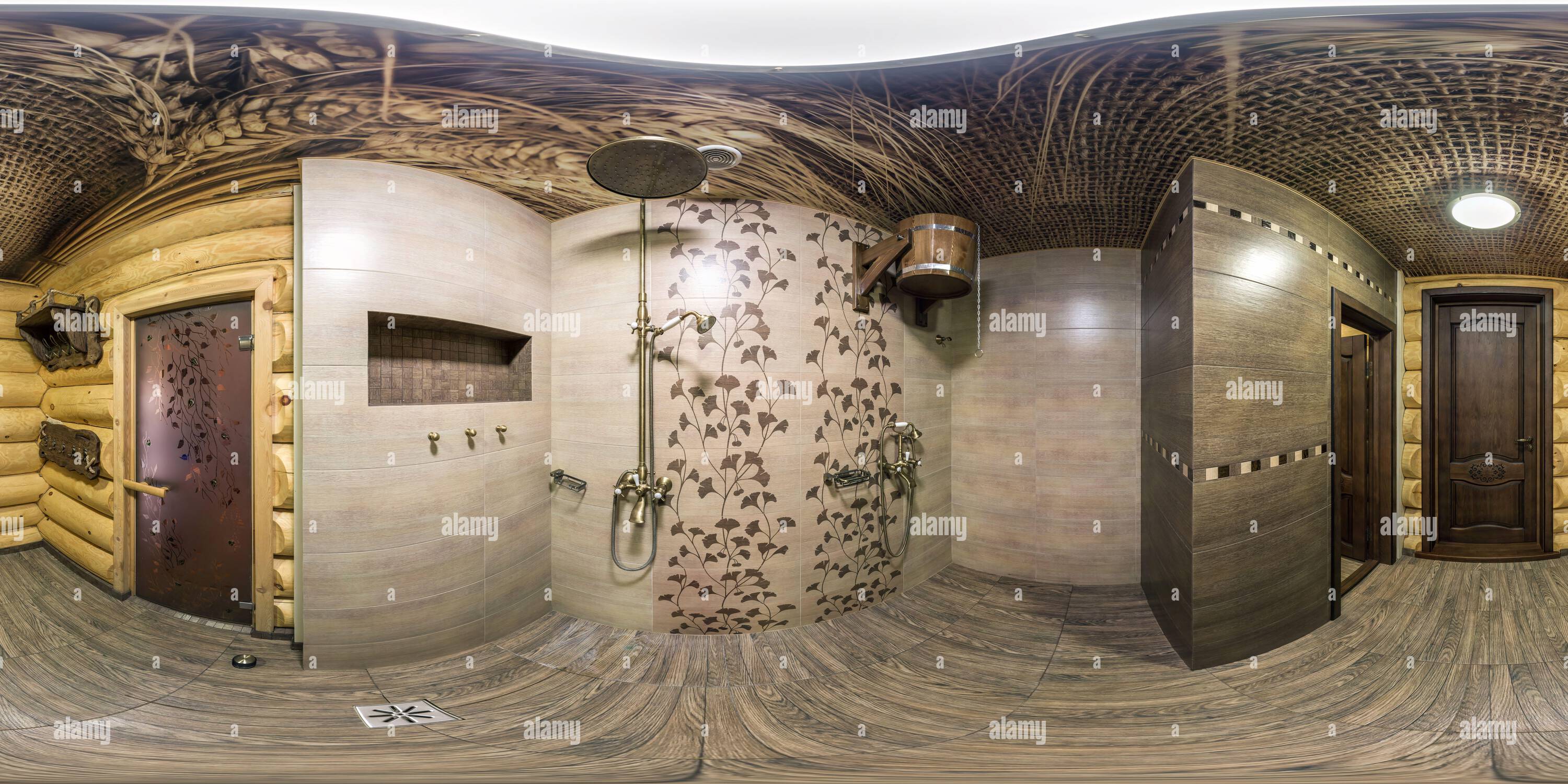 360 degree panoramic view of MINSK, BELARUS -  MAY 2021: full seamless spherical hdri panorama 360 degrees inside of large empty shower cabin and dressing room in the bathroom in