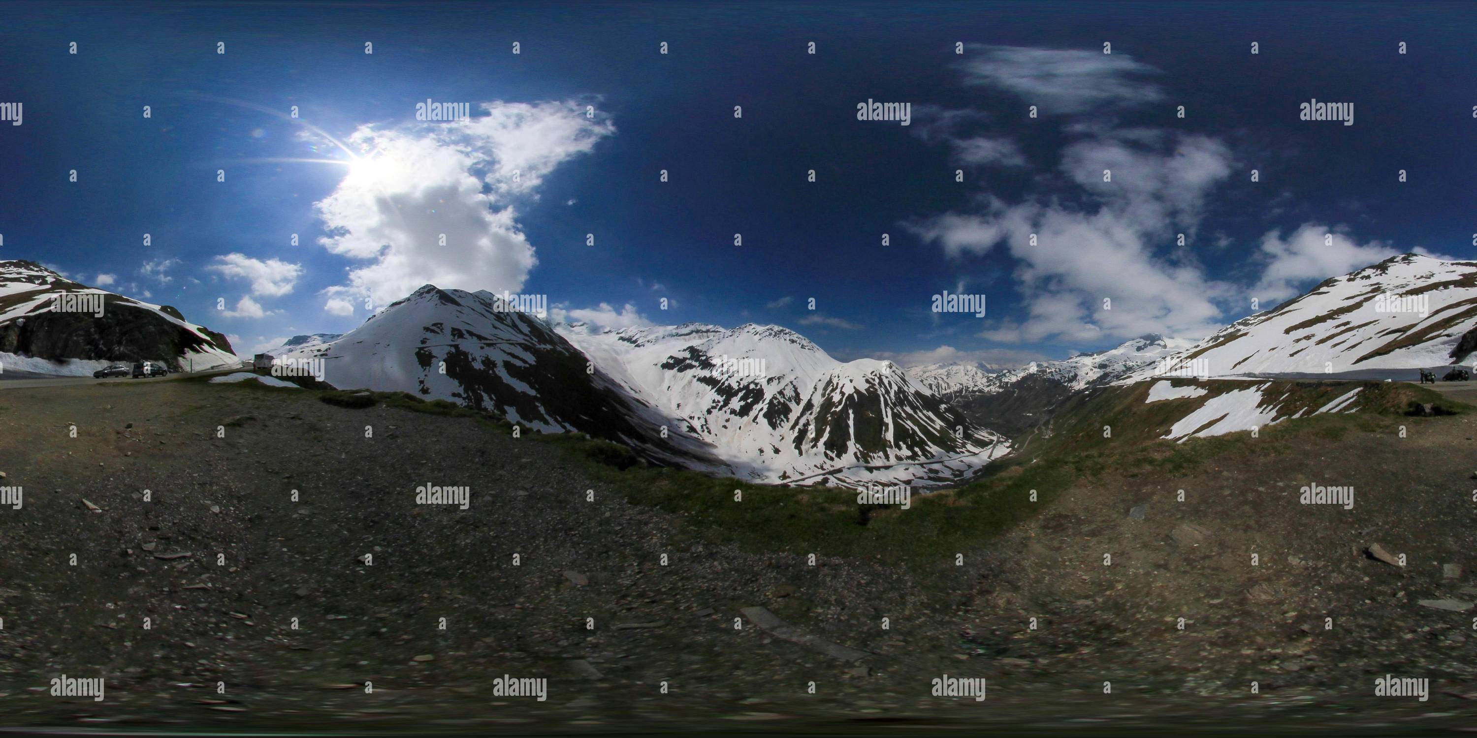 360 degree panoramic view of Furka Pass with snow