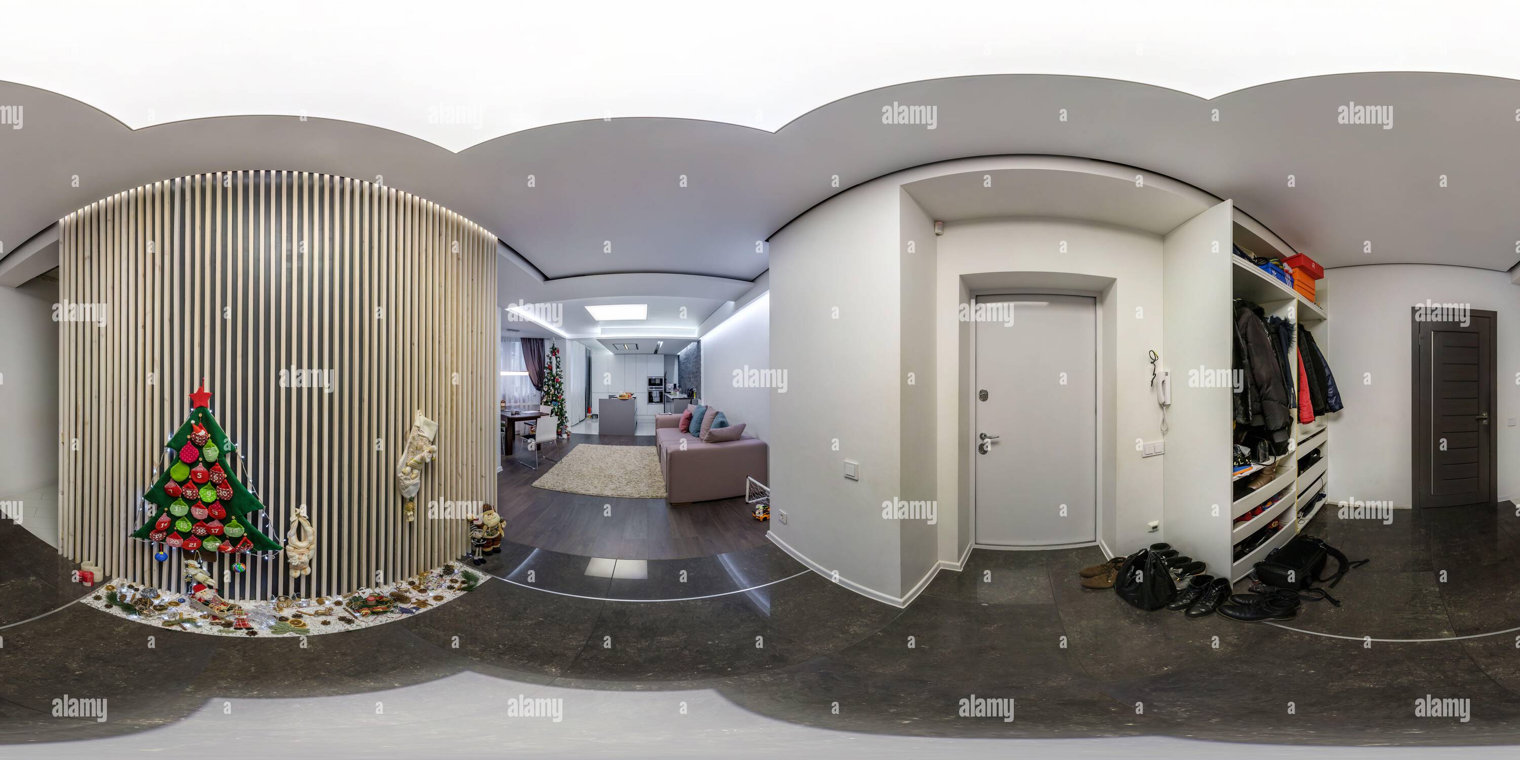 360 degree panoramic view of GOMEL, BELARUS - May 2020: 360 hdri panorama in white corridor in interior of entrance hall of modern apartments in equrectangular projection,