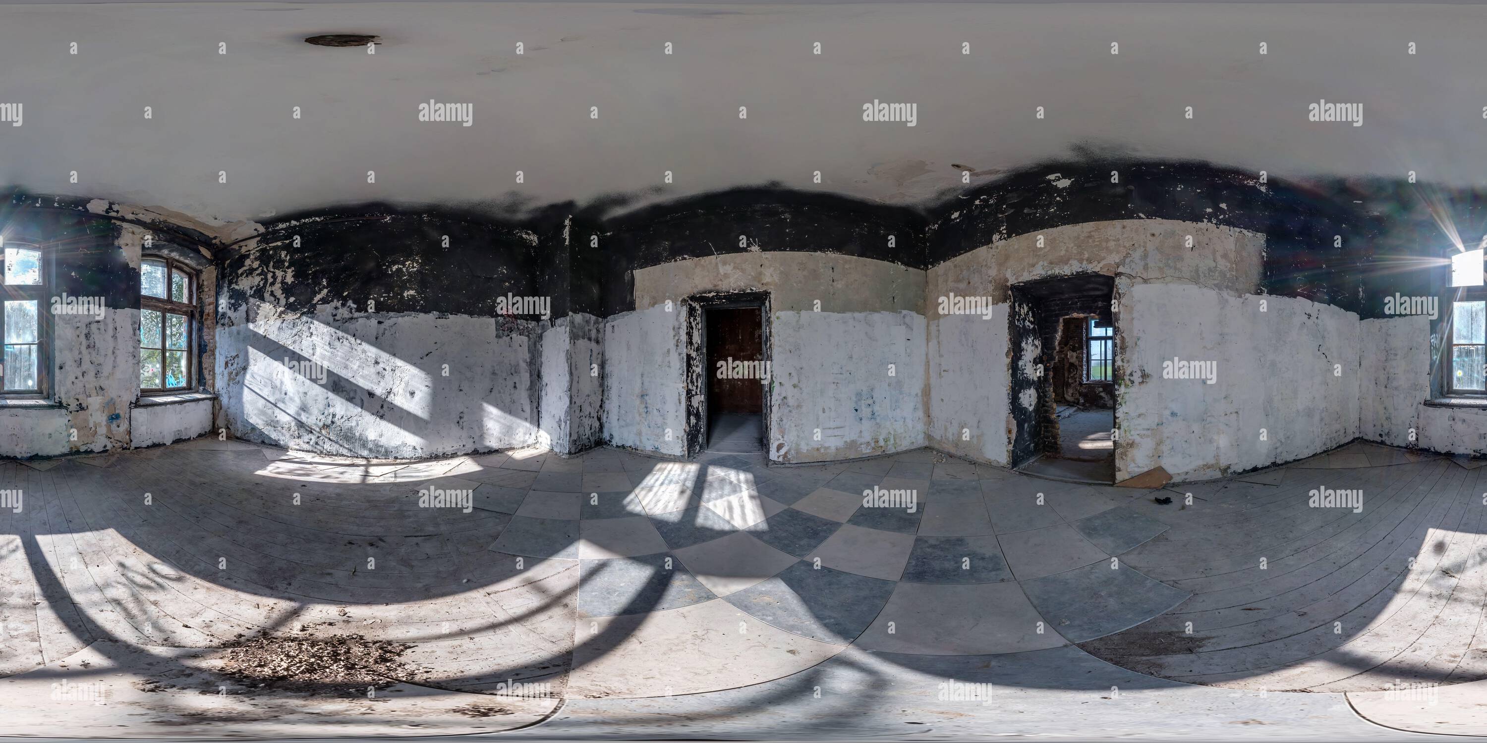 360 degree panoramic view of abandoned empty concrete room or old building in full seamless spherical 360 hdri panorama  in equirectangular projection, ready AR VR virtual reality