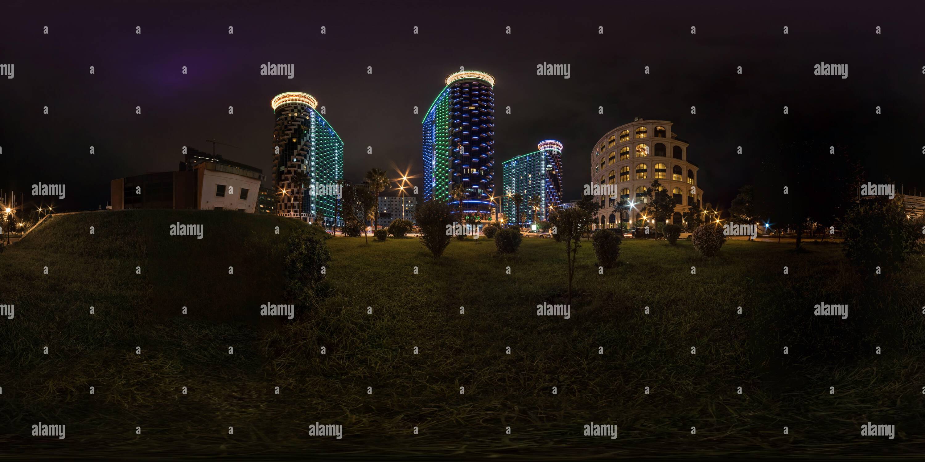 360° view of full seamless spherical night 360 panorama on grass among ...