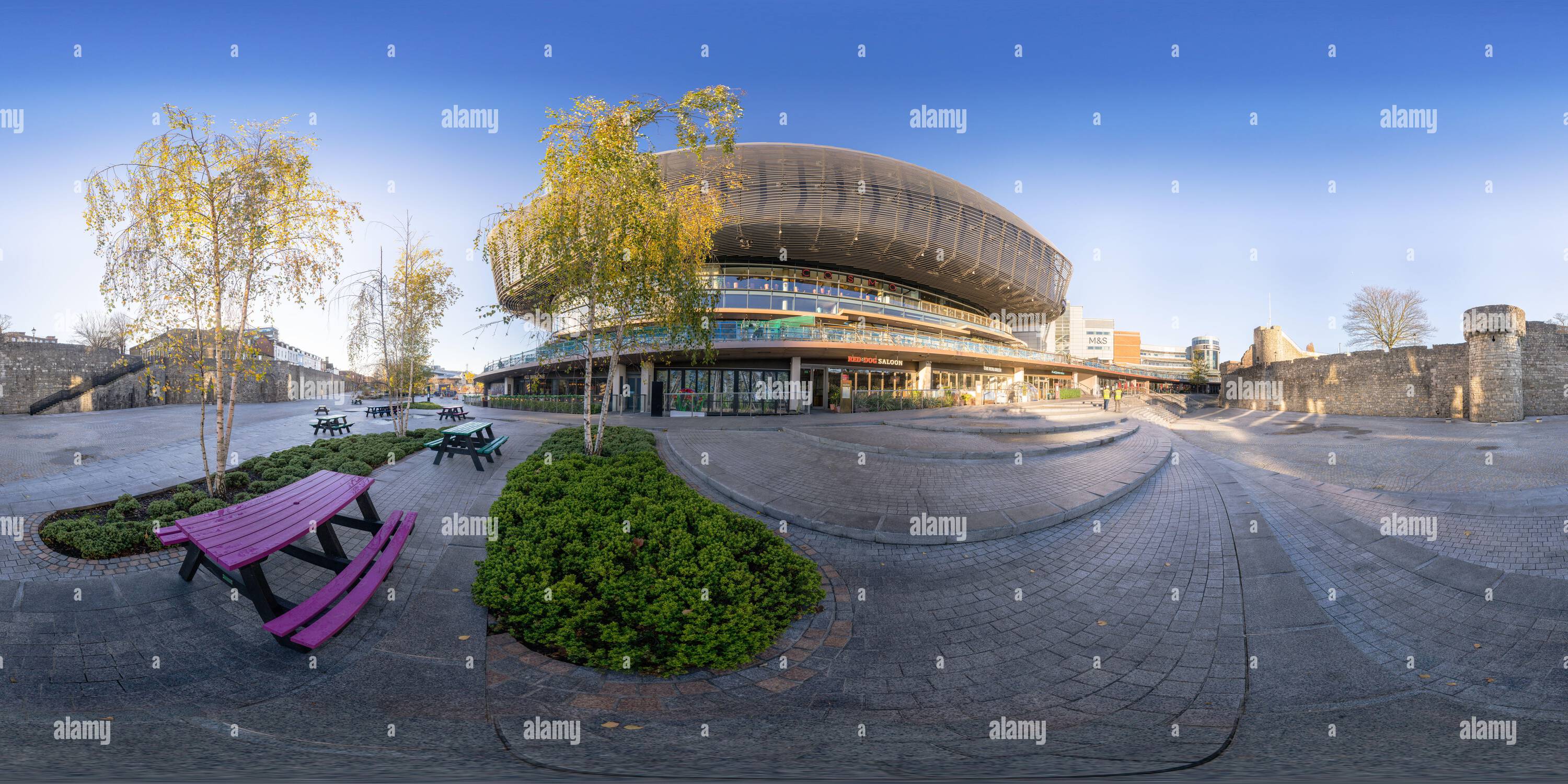 360 degree panoramic view of Southampton's historic city wall, Showcase Cinema and West Quay shopping centre viewed from Western Esplanade