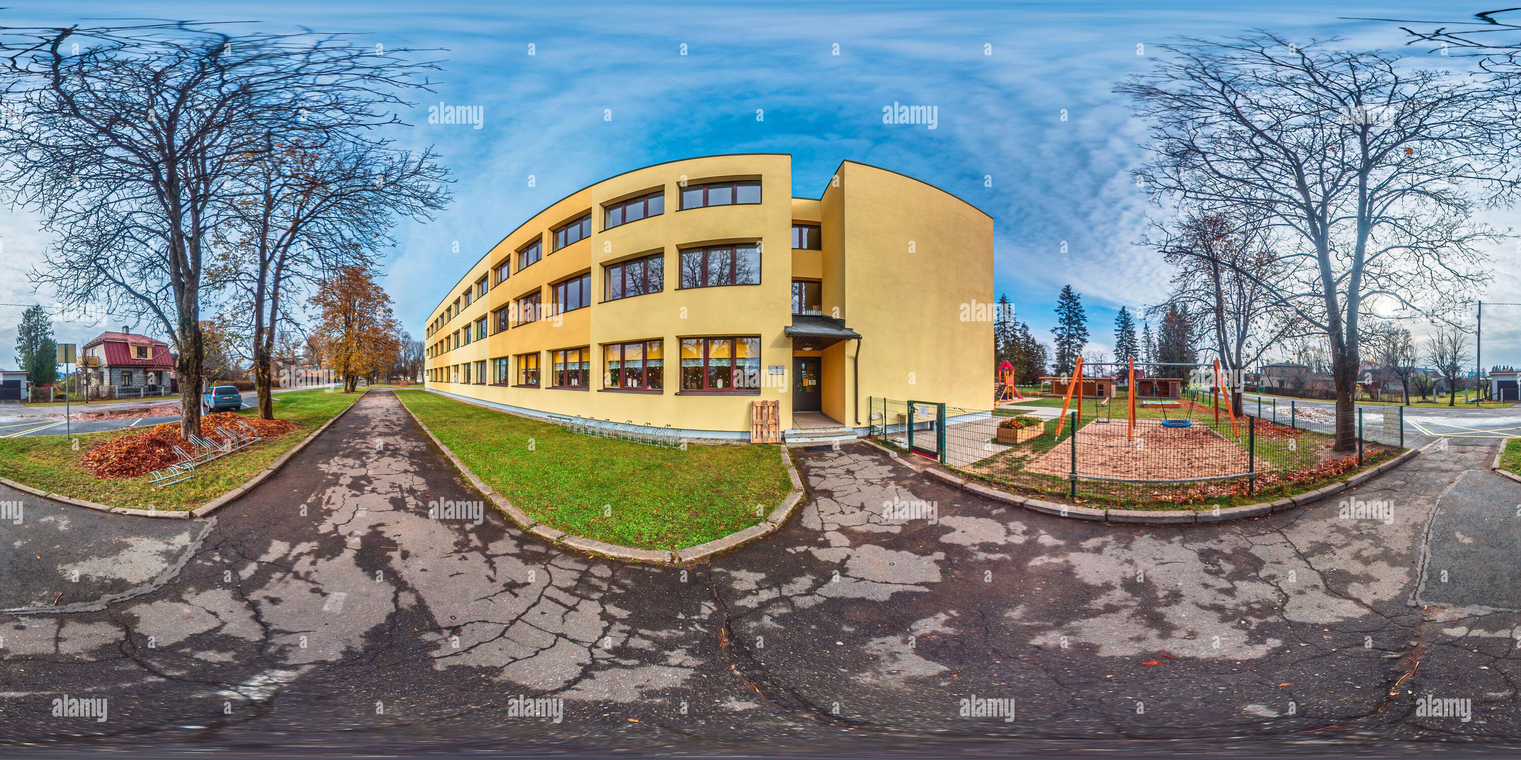 360 degree panoramic view of Entrance of a kindergarten in a small autumn town in Estonia