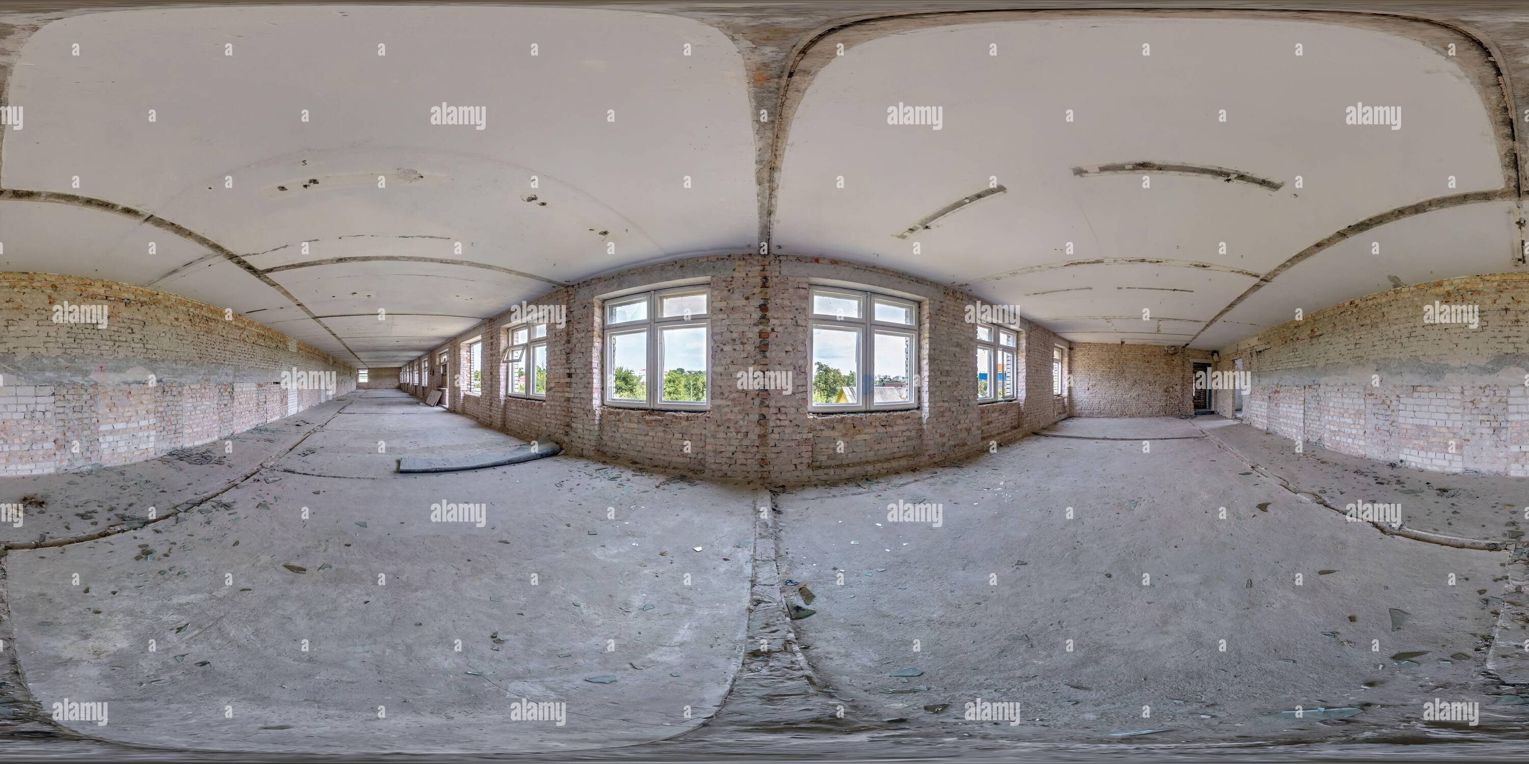 360° view of spherical 360 hdri panorama in abandoned interior of large ...