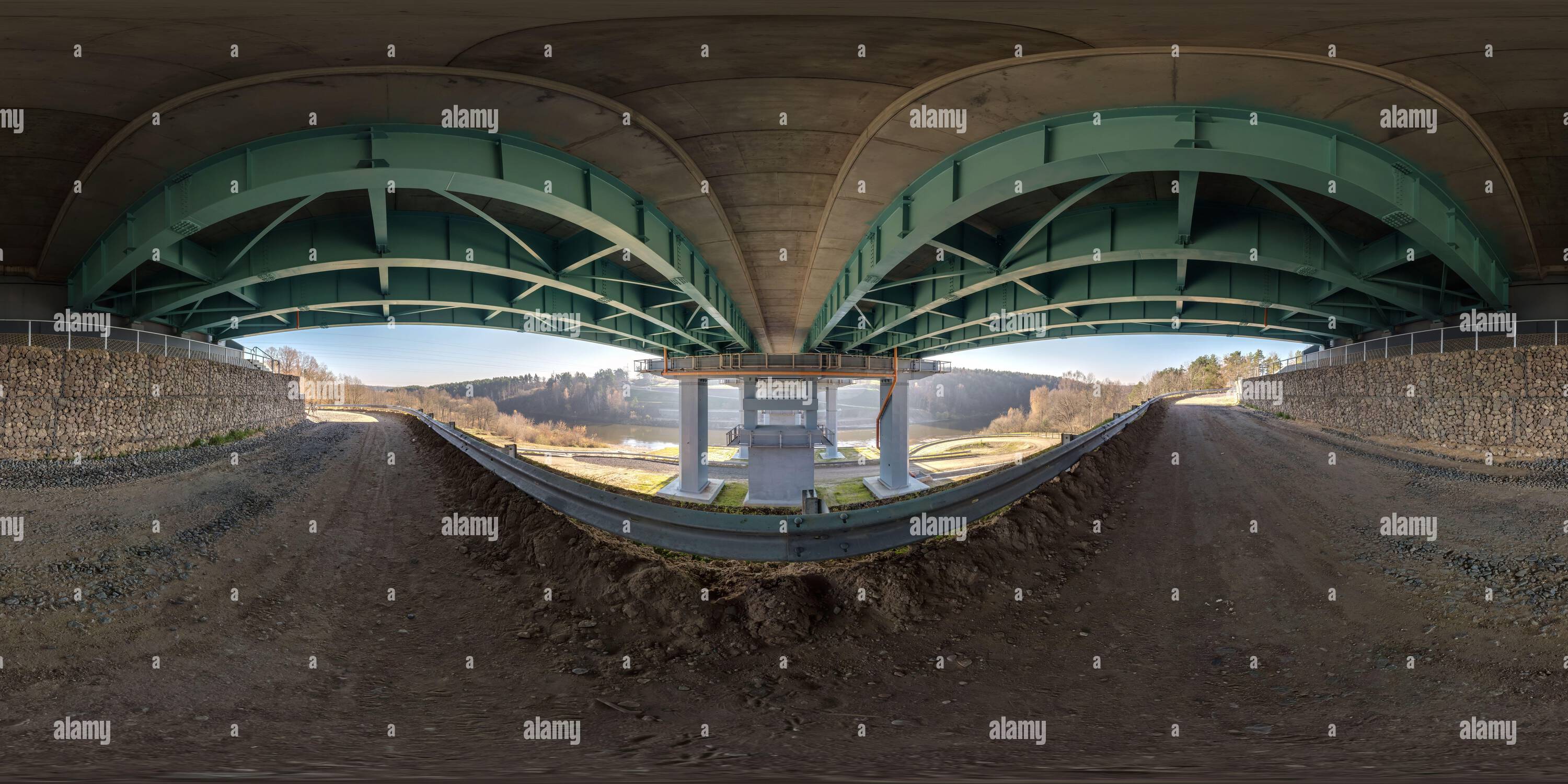 360 degree panoramic view of full  hdri 360 panorama under steel frame construction of huge car bridge across river in seamless spherical equirectangular projection. VR  AR conten