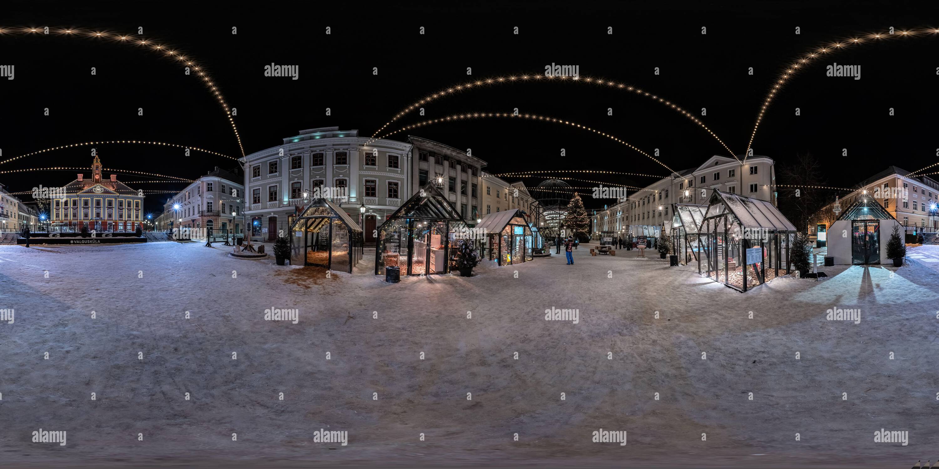 360 degree panoramic view of 360 view of christmas village in Estonian old town