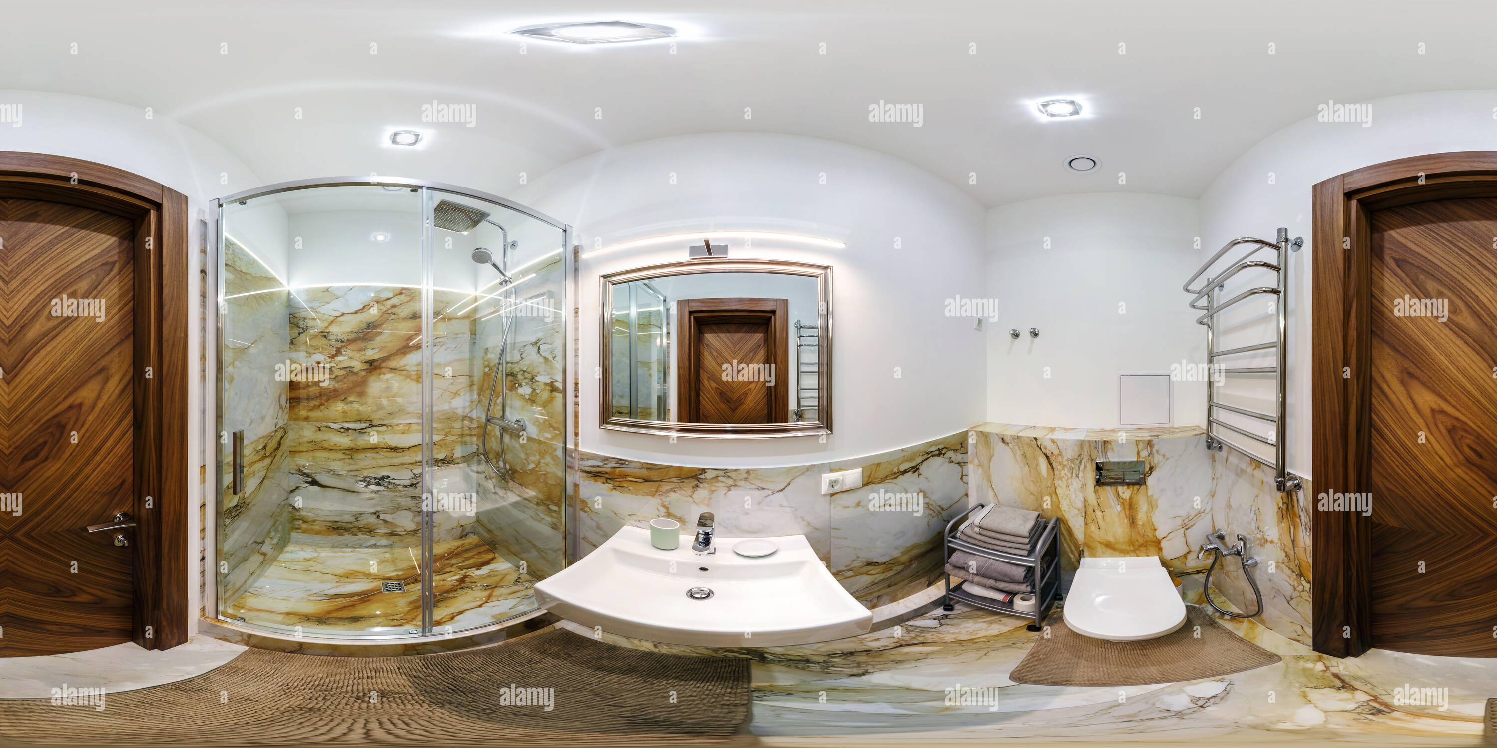 360 degree panoramic view of seamless 360 hdri panorama in interior of expensive bathroom in modern flat apartments with bidet and washbasin in equirectangular projection with zen